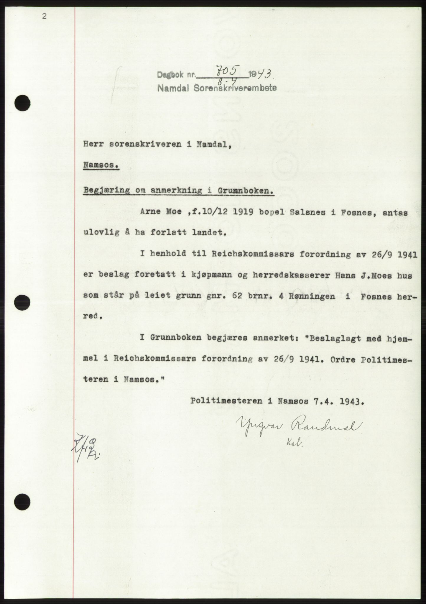 Namdal sorenskriveri, SAT/A-4133/1/2/2C: Pantebok nr. -, 1942-1943, Dagboknr: 705/1943