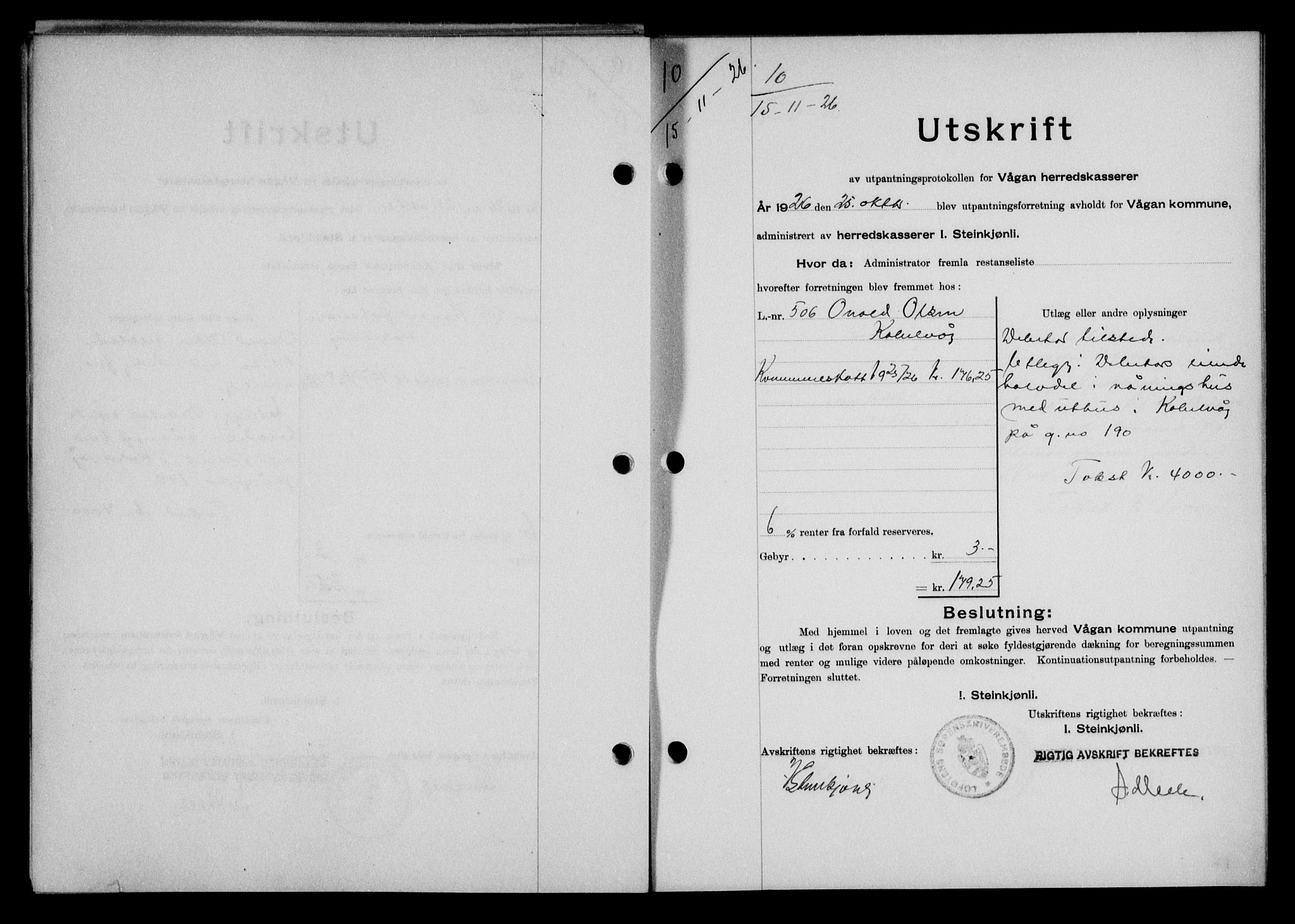 Lofoten sorenskriveri, AV/SAT-A-0017/1/2/2C/L0014b: Pantebok nr. 14b, 1926-1926, Tingl.dato: 15.11.1926