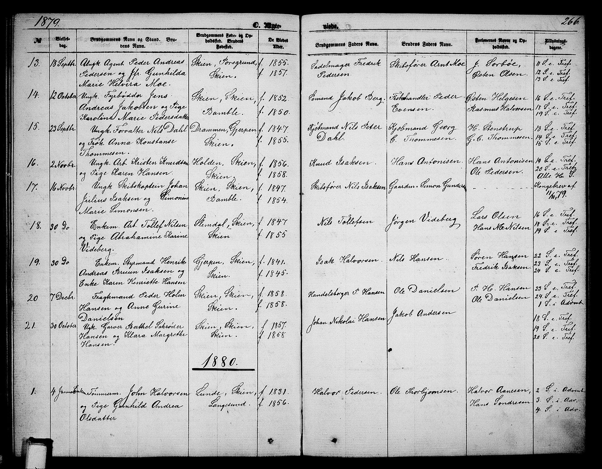 Skien kirkebøker, AV/SAKO-A-302/G/Ga/L0005: Klokkerbok nr. 5, 1868-1880, s. 266