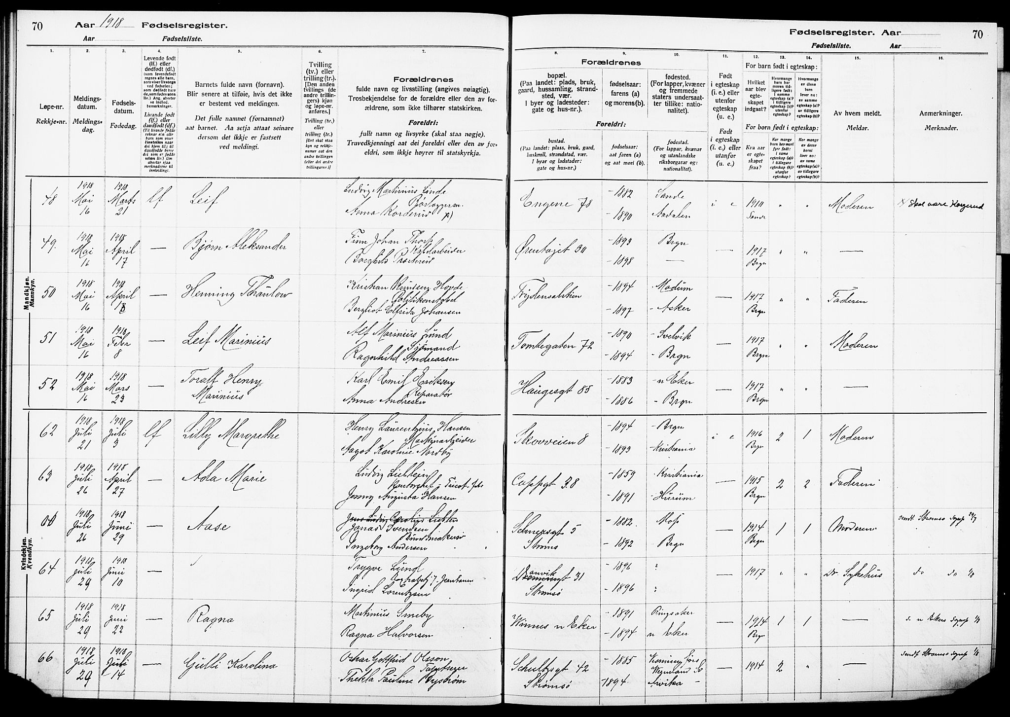 Bragernes kirkebøker, AV/SAKO-A-6/J/Ja/L0001: Fødselsregister nr. 1, 1916-1922, s. 70
