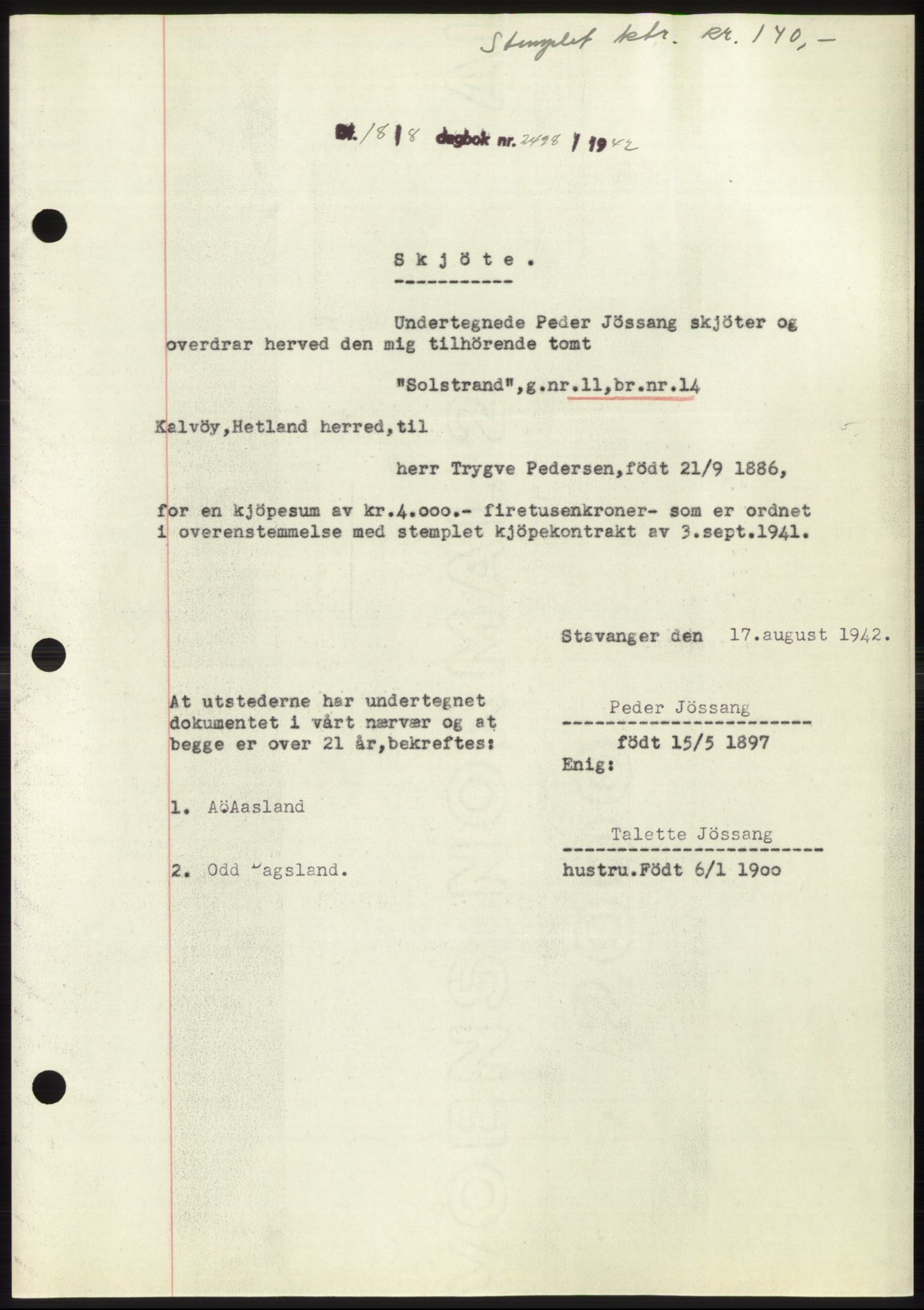 Jæren sorenskriveri, SAST/A-100310/03/G/Gba/L0083: Pantebok, 1942-1942, Dagboknr: 2498/1942