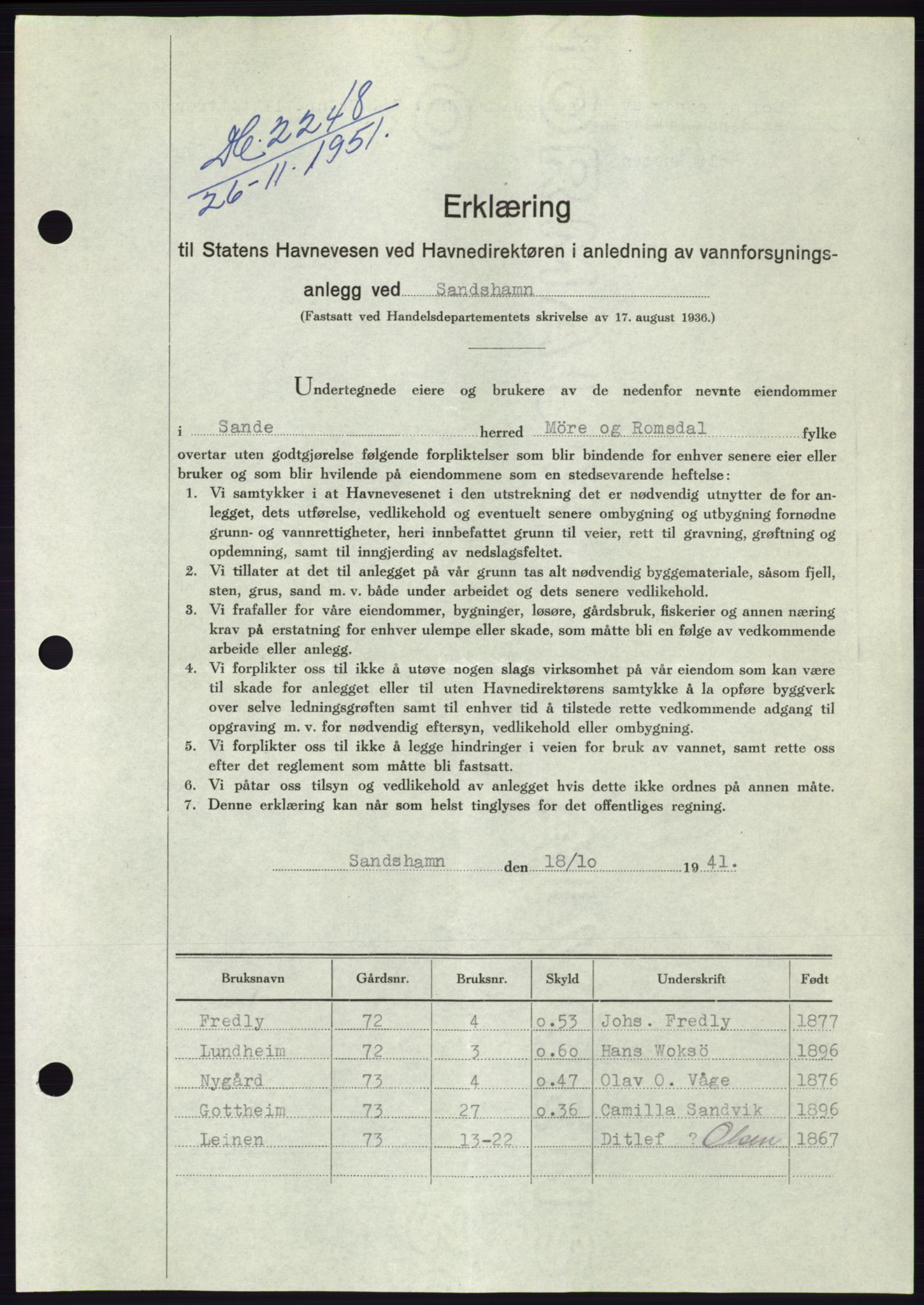 Søre Sunnmøre sorenskriveri, AV/SAT-A-4122/1/2/2C/L0090: Pantebok nr. 16A, 1951-1951, Dagboknr: 2248/1951