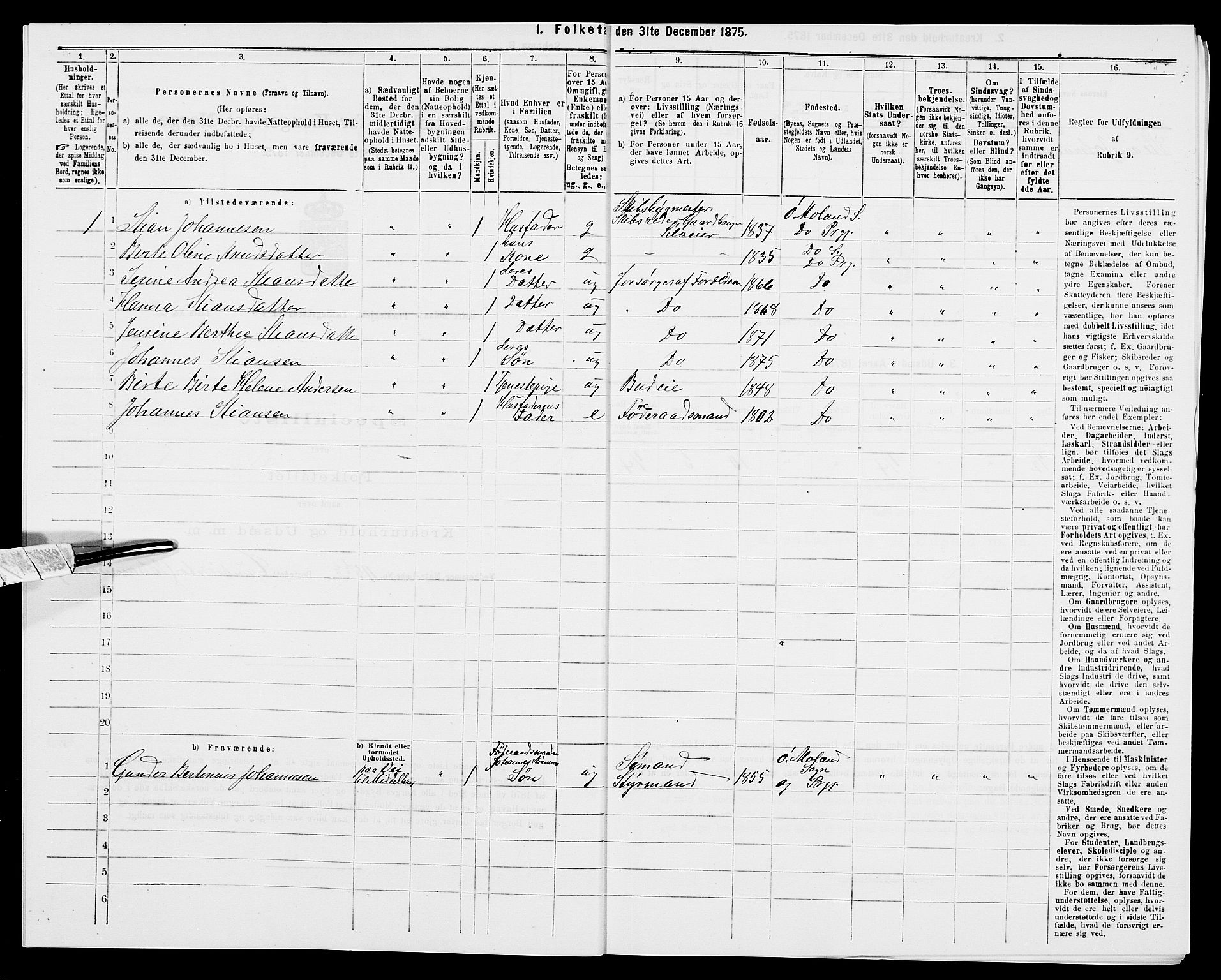 SAK, Folketelling 1875 for 0918P Austre Moland prestegjeld, 1875, s. 3019