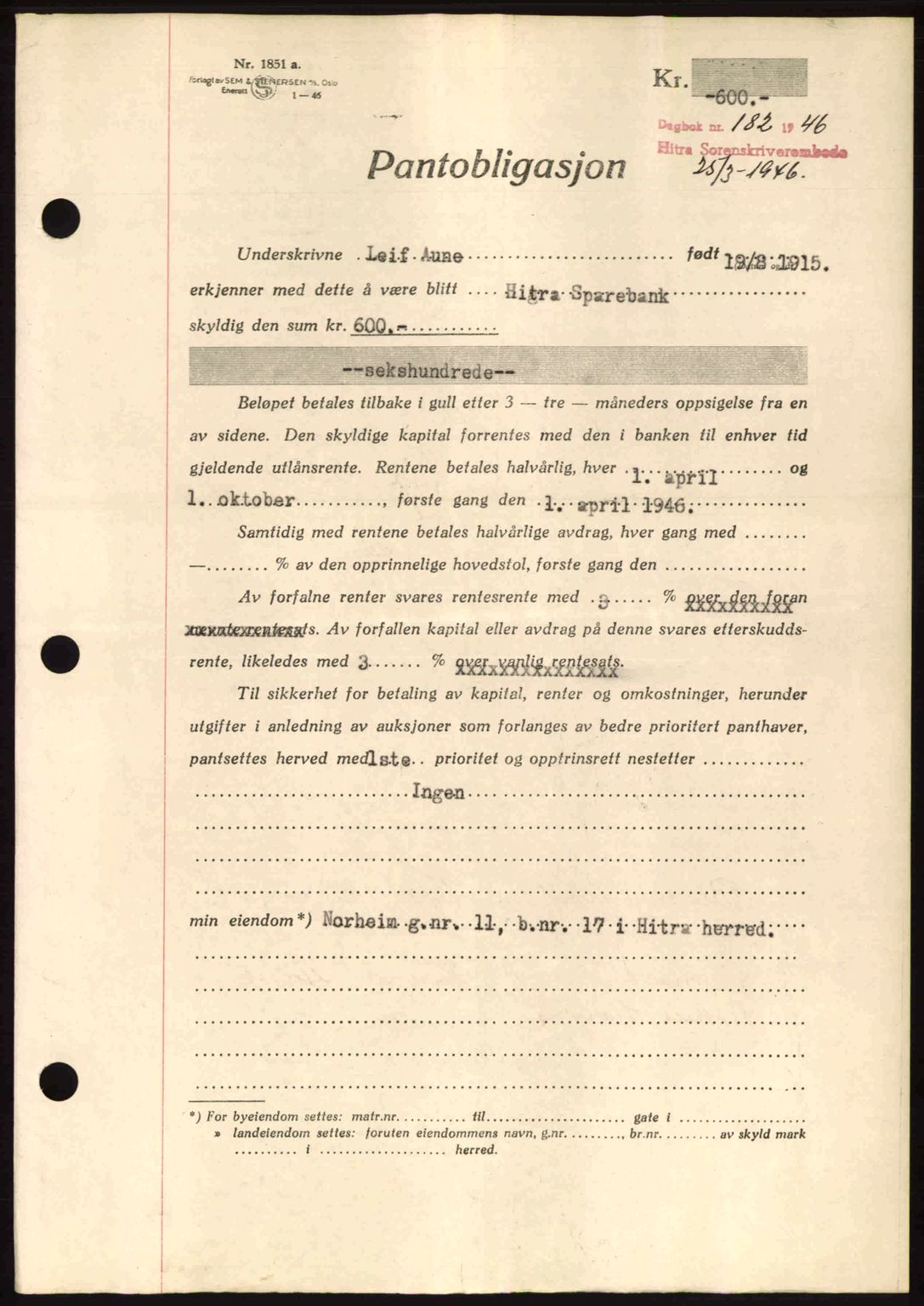 Hitra sorenskriveri, AV/SAT-A-0018/2/2C/2Ca: Pantebok nr. B1, 1939-1949, Dagboknr: 182/1946