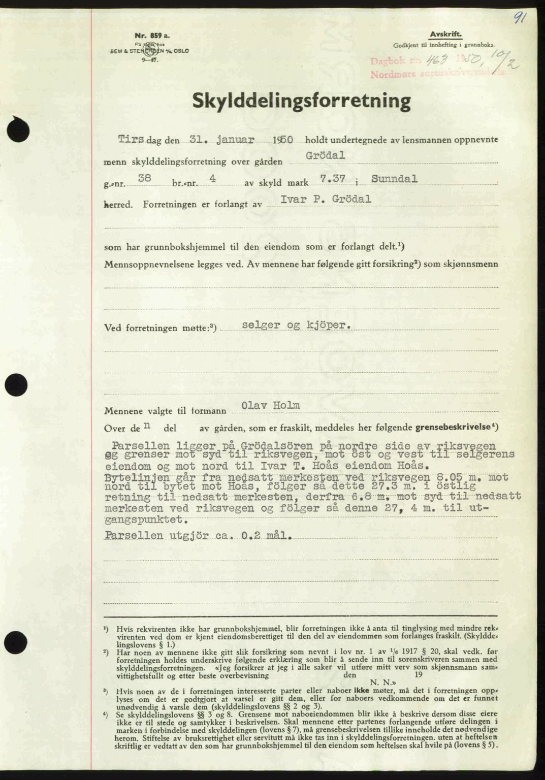 Nordmøre sorenskriveri, SAT/A-4132/1/2/2Ca: Pantebok nr. A114, 1950-1950, Dagboknr: 463/1950