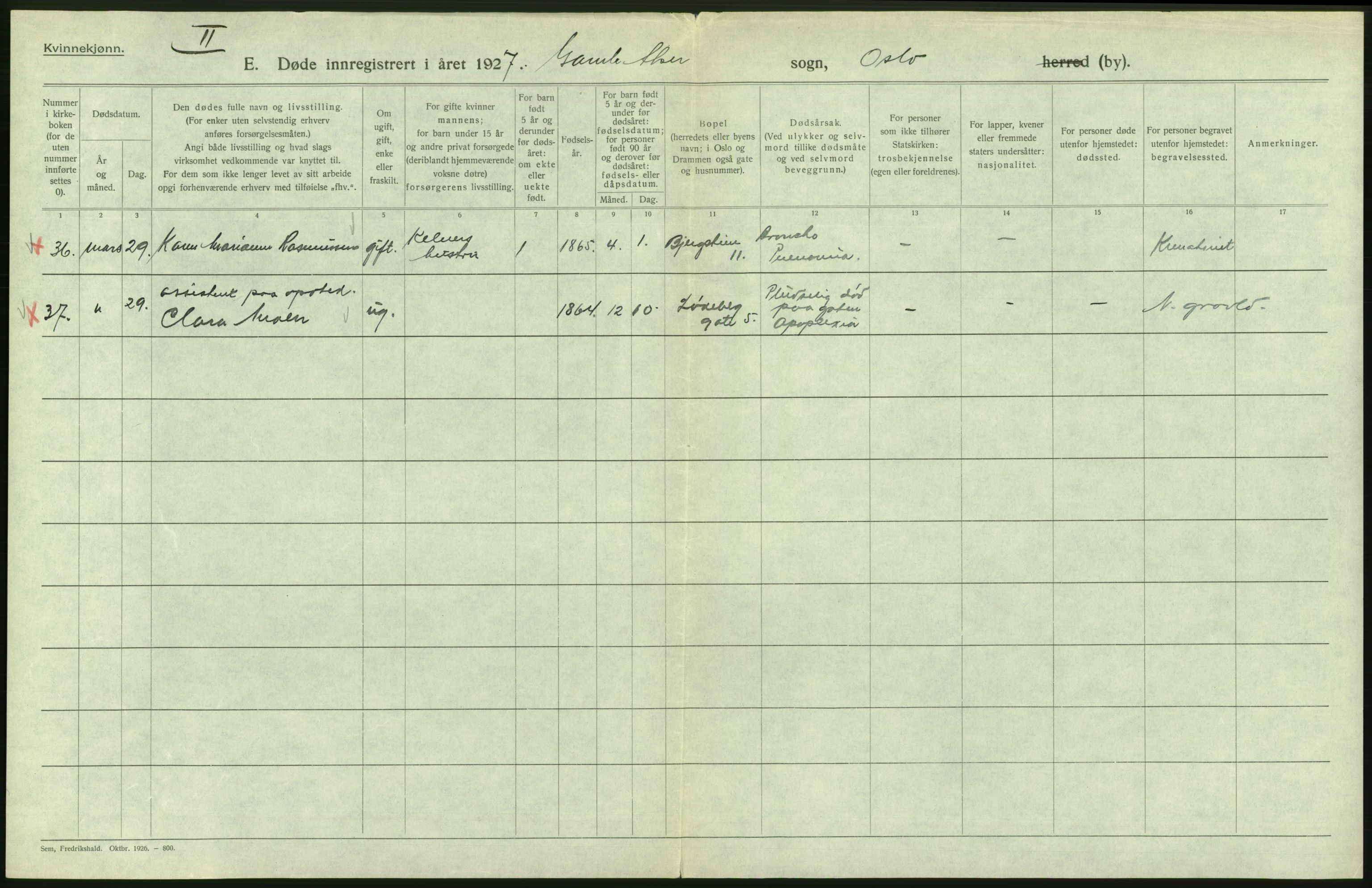 Statistisk sentralbyrå, Sosiodemografiske emner, Befolkning, AV/RA-S-2228/D/Df/Dfc/Dfcg/L0010: Oslo: Døde kvinner, dødfødte, 1927, s. 334