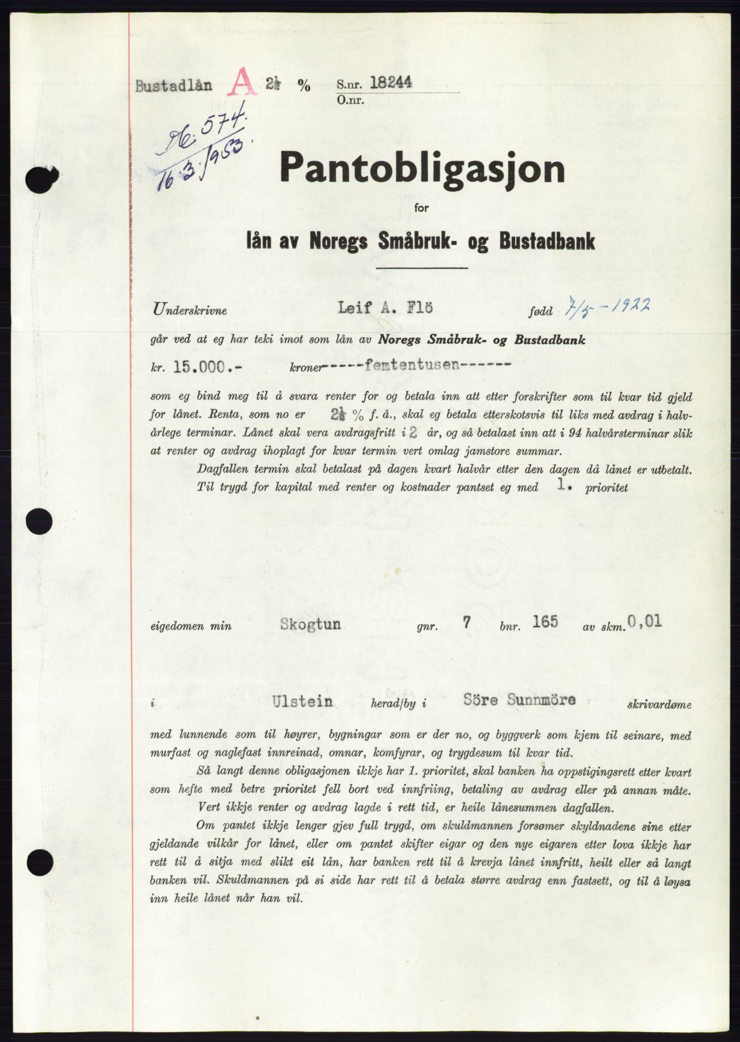 Søre Sunnmøre sorenskriveri, SAT/A-4122/1/2/2C/L0123: Pantebok nr. 11B, 1953-1953, Dagboknr: 574/1953