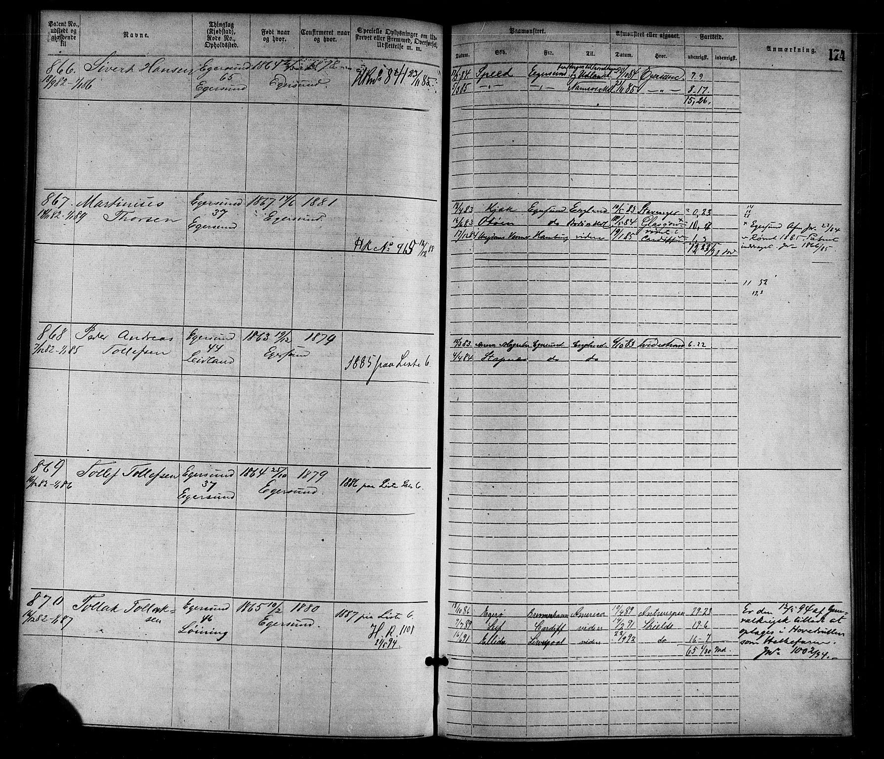 Egersund mønstringskrets, AV/SAK-2031-0019/F/Fa/L0001: Annotasjonsrulle nr 1-1440 med register, O-1, 1869-1895, s. 196