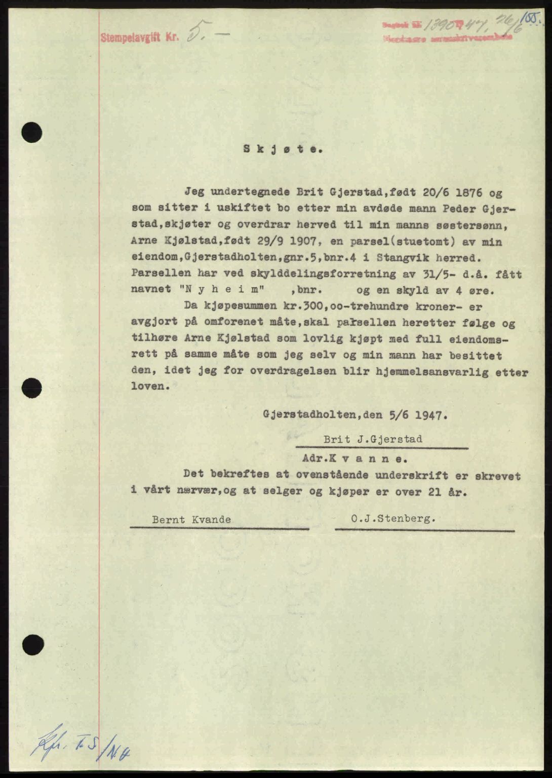 Nordmøre sorenskriveri, AV/SAT-A-4132/1/2/2Ca: Pantebok nr. A105, 1947-1947, Dagboknr: 1390/1947