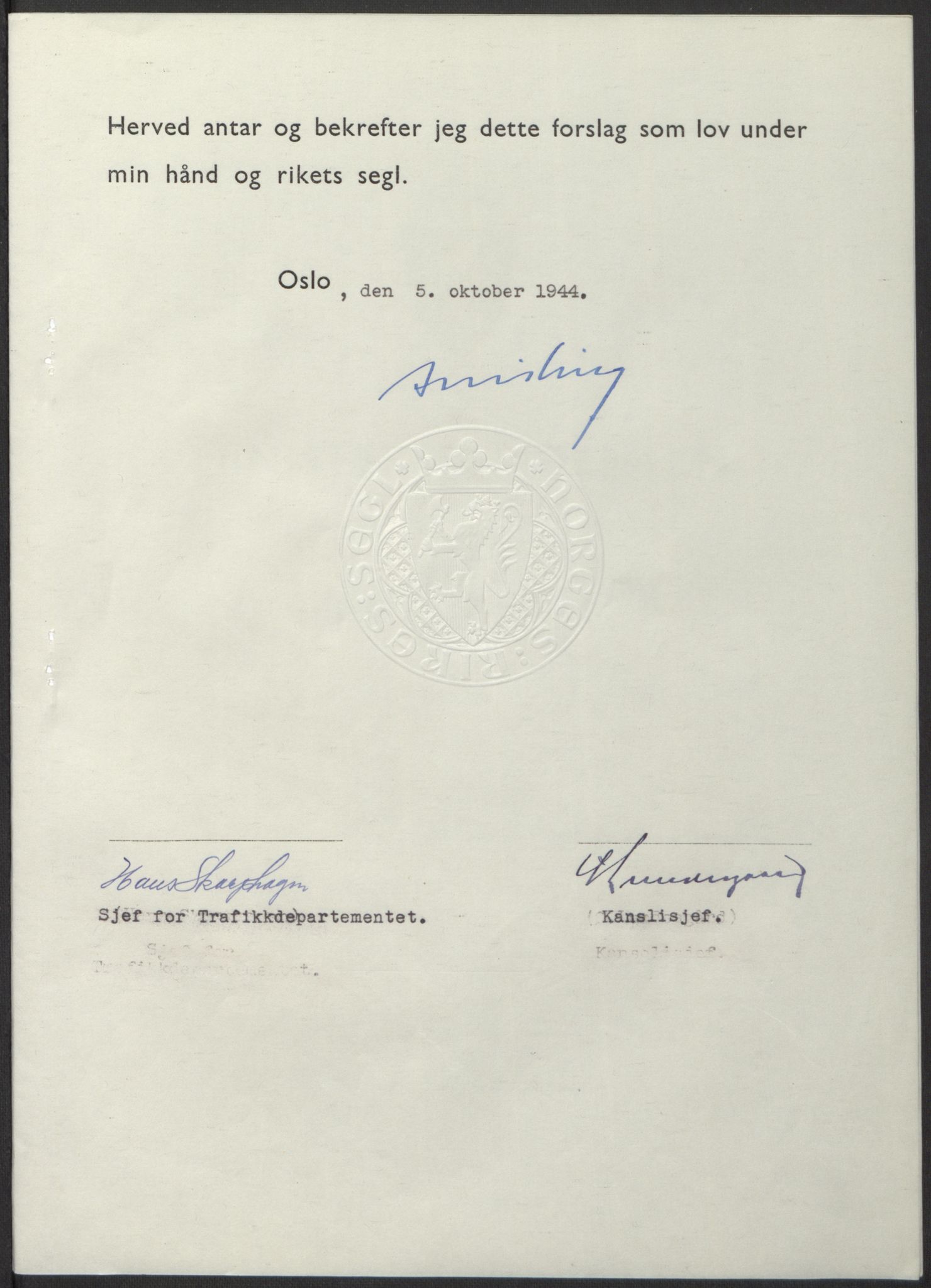 NS-administrasjonen 1940-1945 (Statsrådsekretariatet, de kommisariske statsråder mm), RA/S-4279/D/Db/L0100: Lover, 1944, s. 484