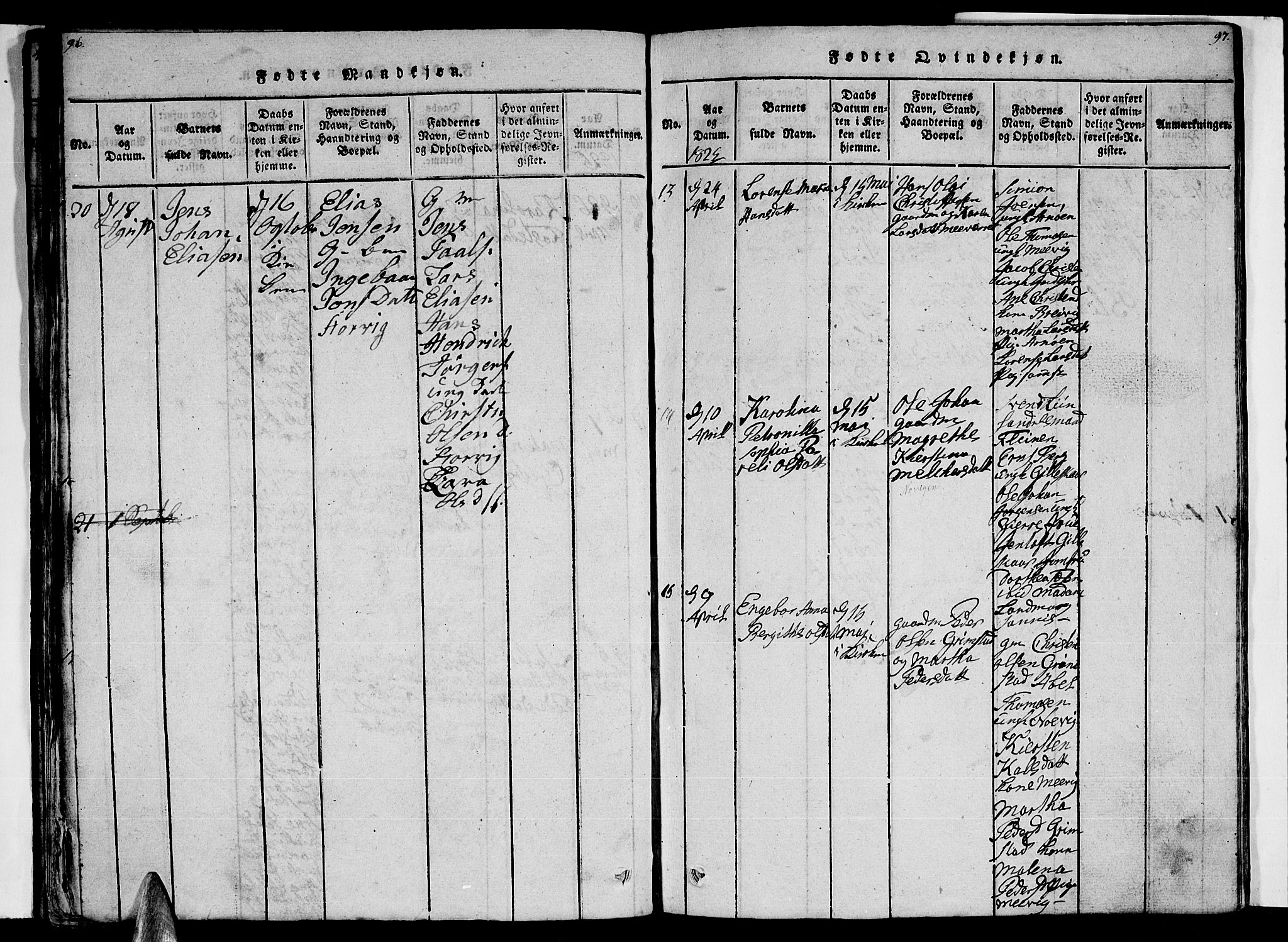 Ministerialprotokoller, klokkerbøker og fødselsregistre - Nordland, AV/SAT-A-1459/805/L0105: Klokkerbok nr. 805C01, 1820-1839, s. 96-97