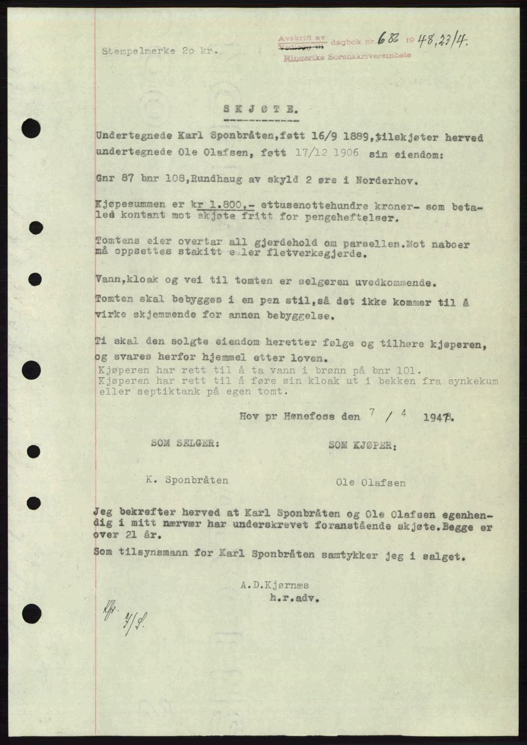 Ringerike sorenskriveri, SAKO/A-105/G/Ga/Gab/L0088: Pantebok nr. A-19, 1948-1948, Dagboknr: 686/1948