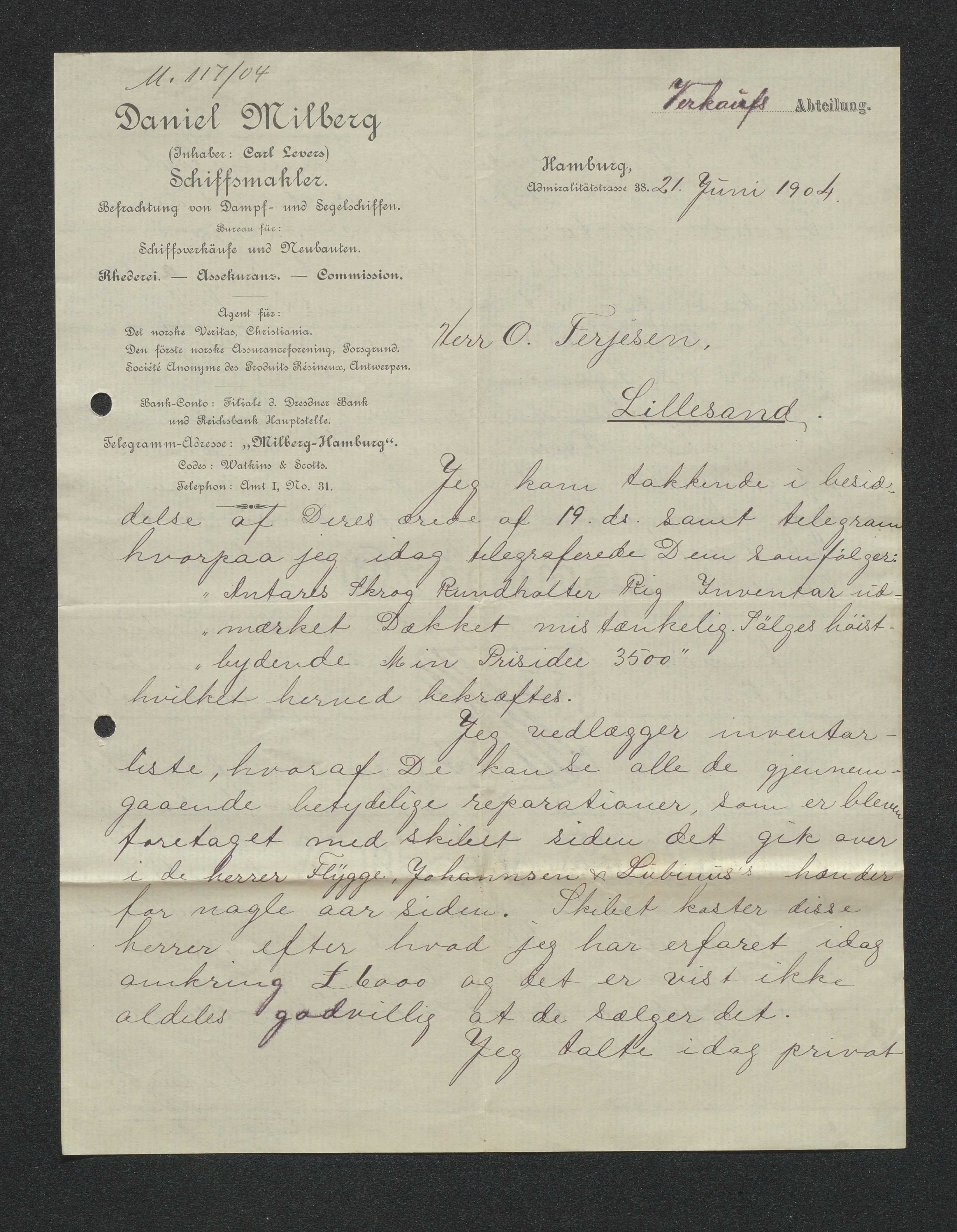 O. Terjesens rederi, AAKS/PA-2525/E/E01/L0013: Korrespondanse, 1904-1905