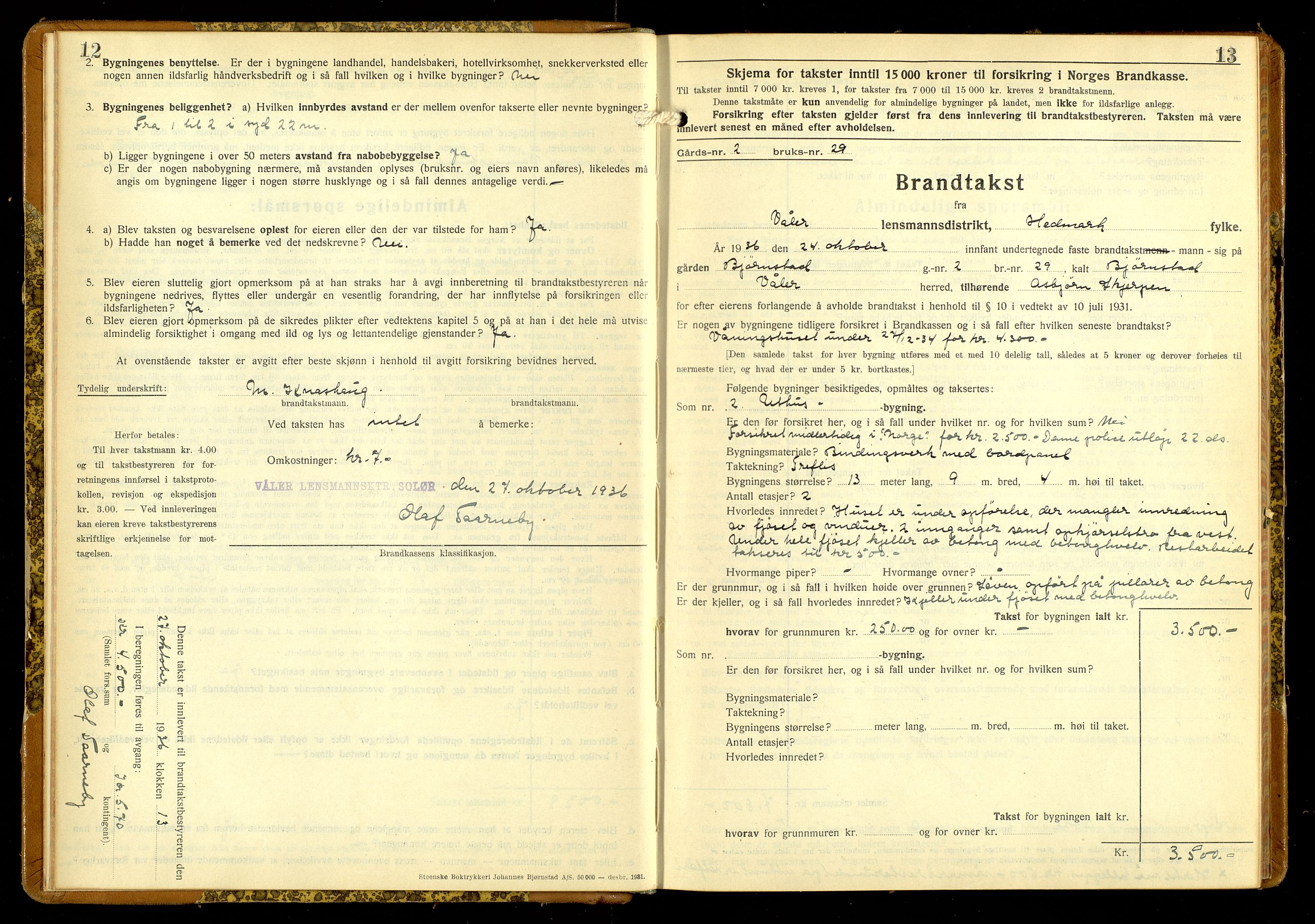 Norges Brannkasse, Våler, Hedmark, AV/SAH-NBRANV-019/F/L0026: Branntakstprotokoll, 1936-1938