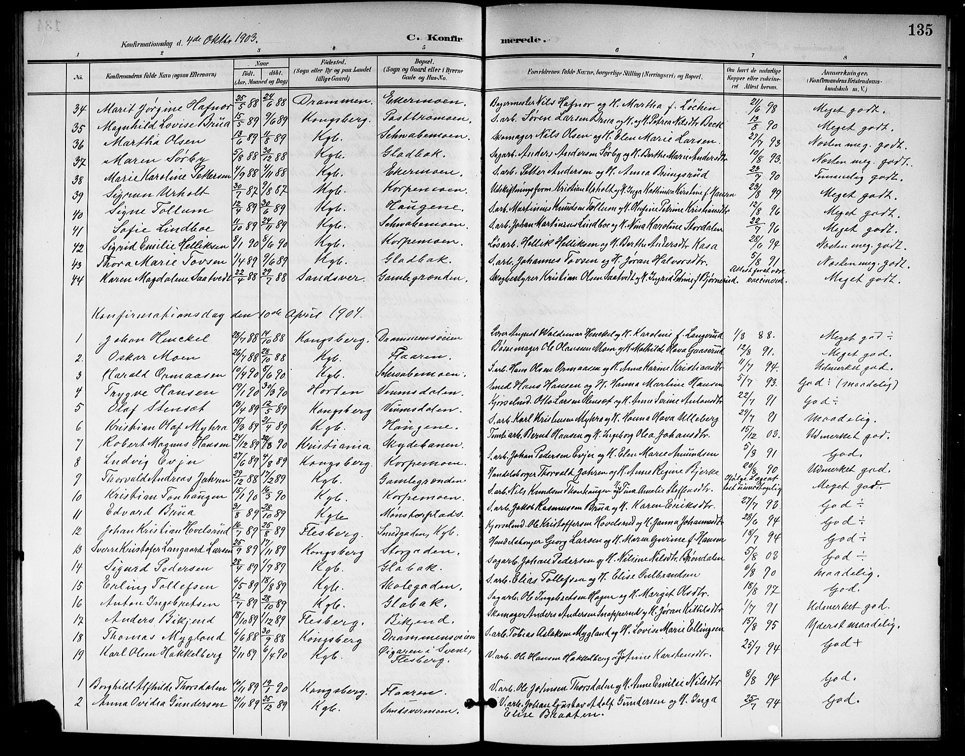 Kongsberg kirkebøker, AV/SAKO-A-22/G/Ga/L0007: Klokkerbok nr. 7, 1901-1915, s. 135