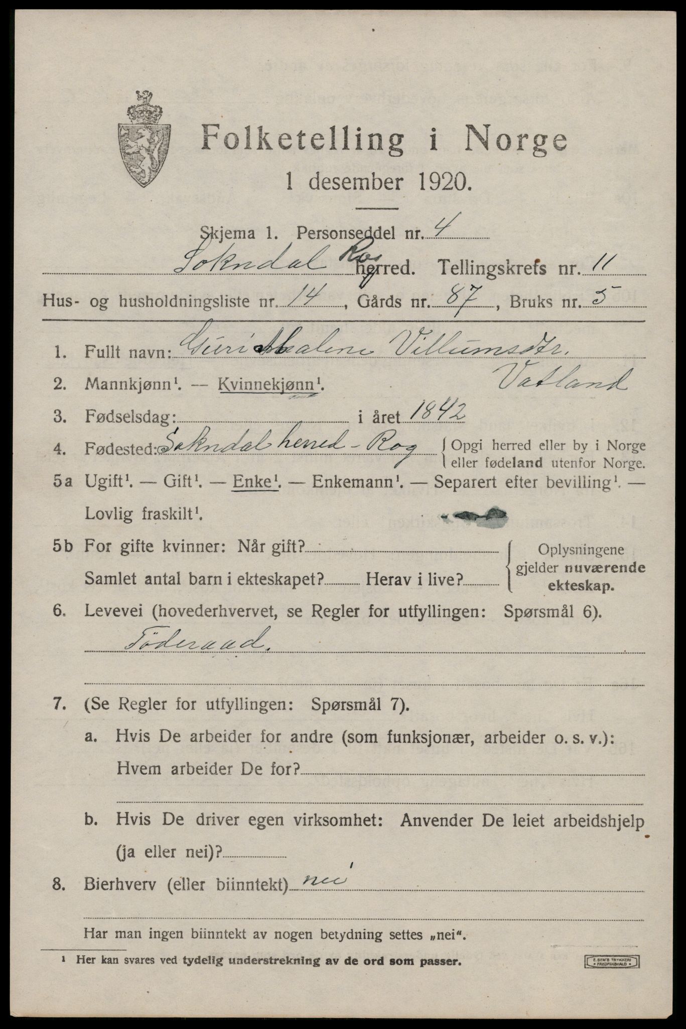 SAST, Folketelling 1920 for 1111 Sokndal herred, 1920, s. 6195