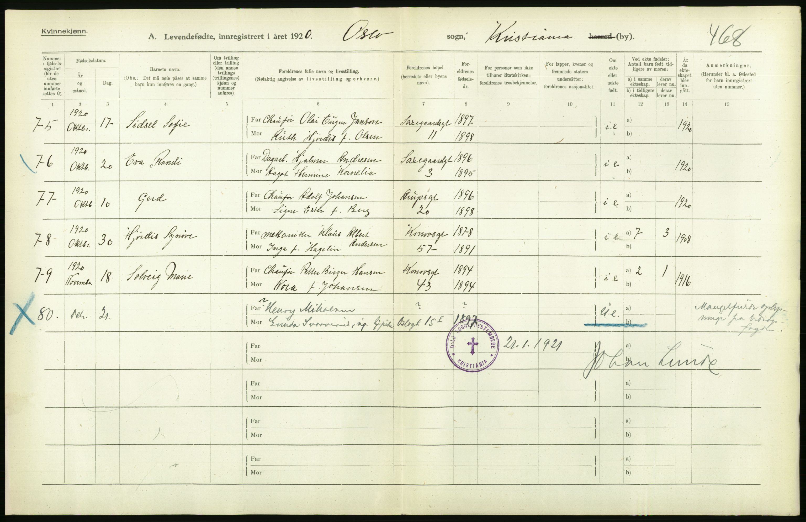 Statistisk sentralbyrå, Sosiodemografiske emner, Befolkning, RA/S-2228/D/Df/Dfb/Dfbj/L0008: Kristiania: Levendefødte menn og kvinner., 1920, s. 52