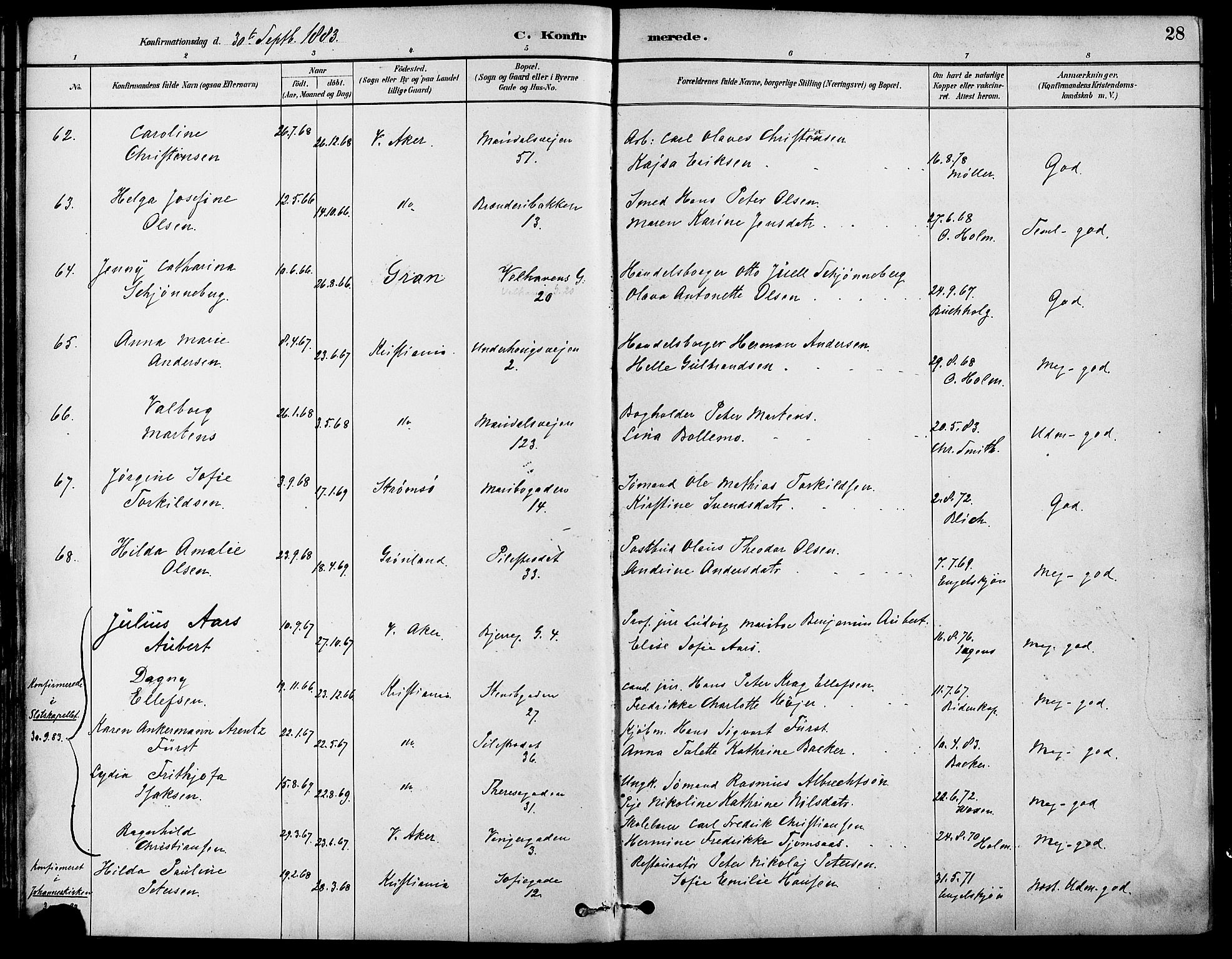 Gamle Aker prestekontor Kirkebøker, AV/SAO-A-10617a/F/L0007: Ministerialbok nr. 7, 1882-1890, s. 28