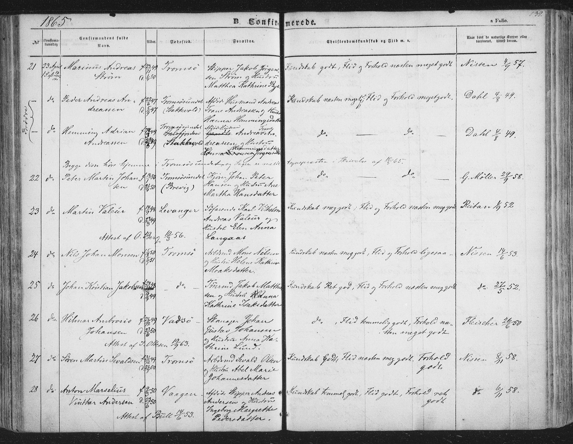 Tromsø sokneprestkontor/stiftsprosti/domprosti, AV/SATØ-S-1343/G/Ga/L0011kirke: Ministerialbok nr. 11, 1856-1865, s. 139