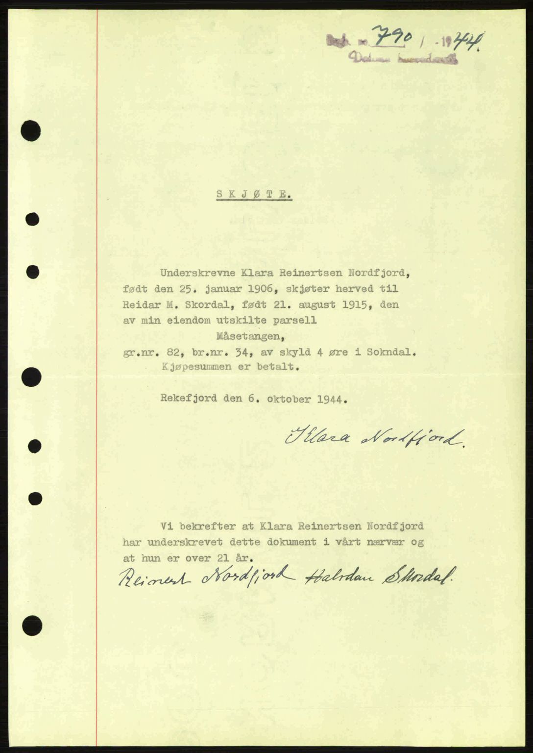 Dalane sorenskriveri, SAST/A-100309/02/G/Gb/L0047: Pantebok nr. A8 I, 1944-1945, Dagboknr: 790/1944