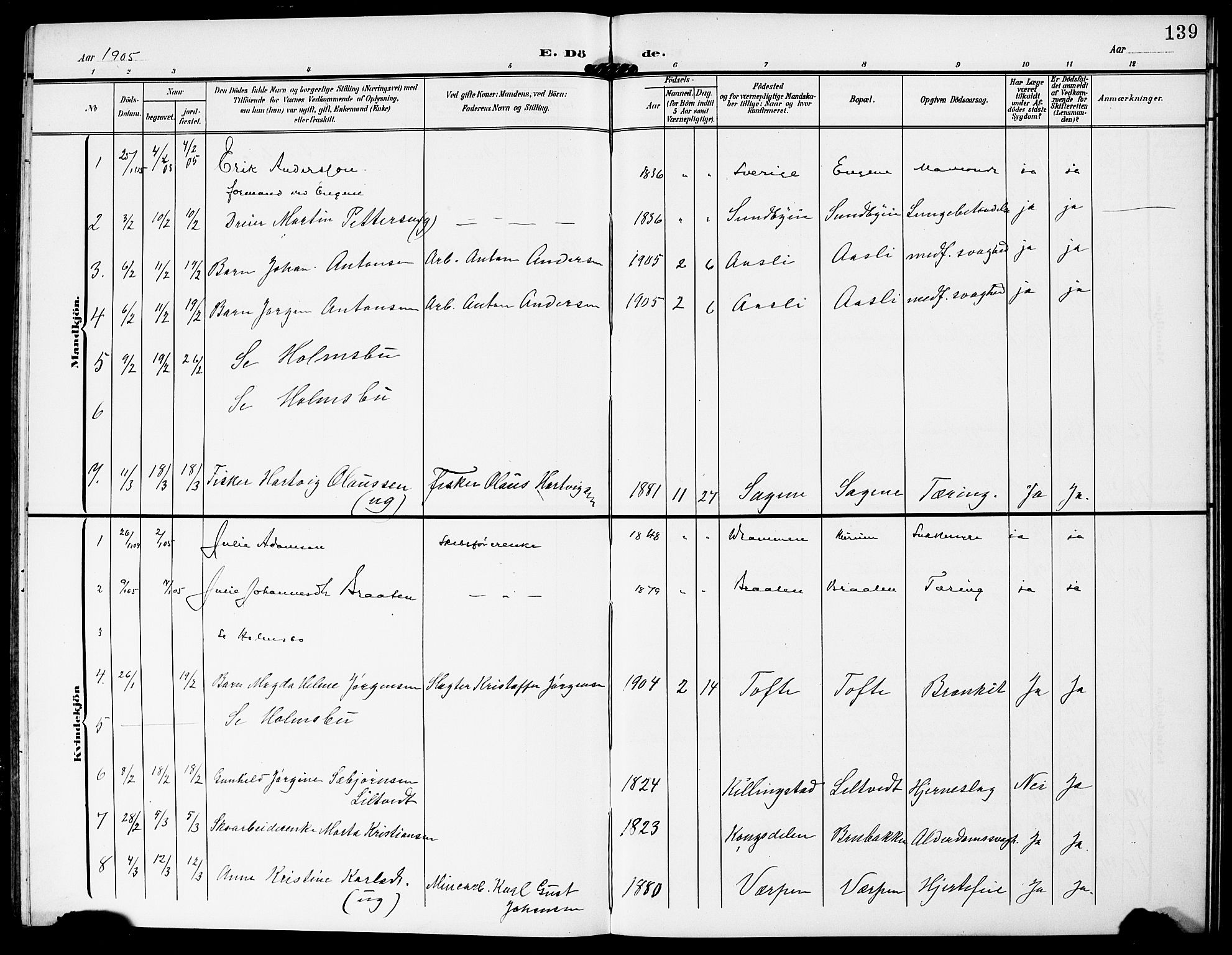 Hurum kirkebøker, AV/SAKO-A-229/G/Ga/L0004: Klokkerbok nr. I 4, 1904-1909, s. 139
