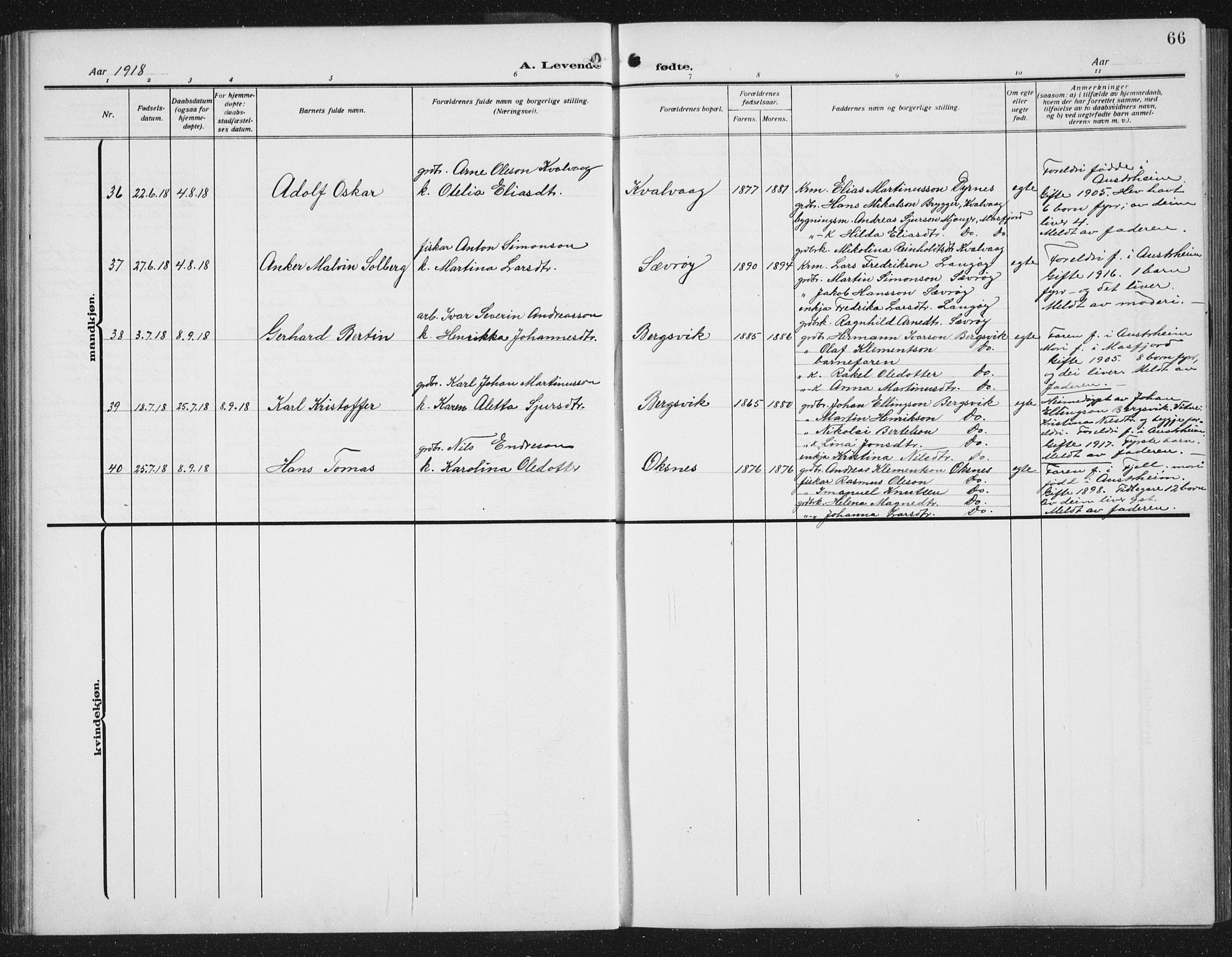 Lindås Sokneprestembete, AV/SAB-A-76701/H/Hab/Habc/L0005: Klokkerbok nr. C 5, 1910-1927, s. 66