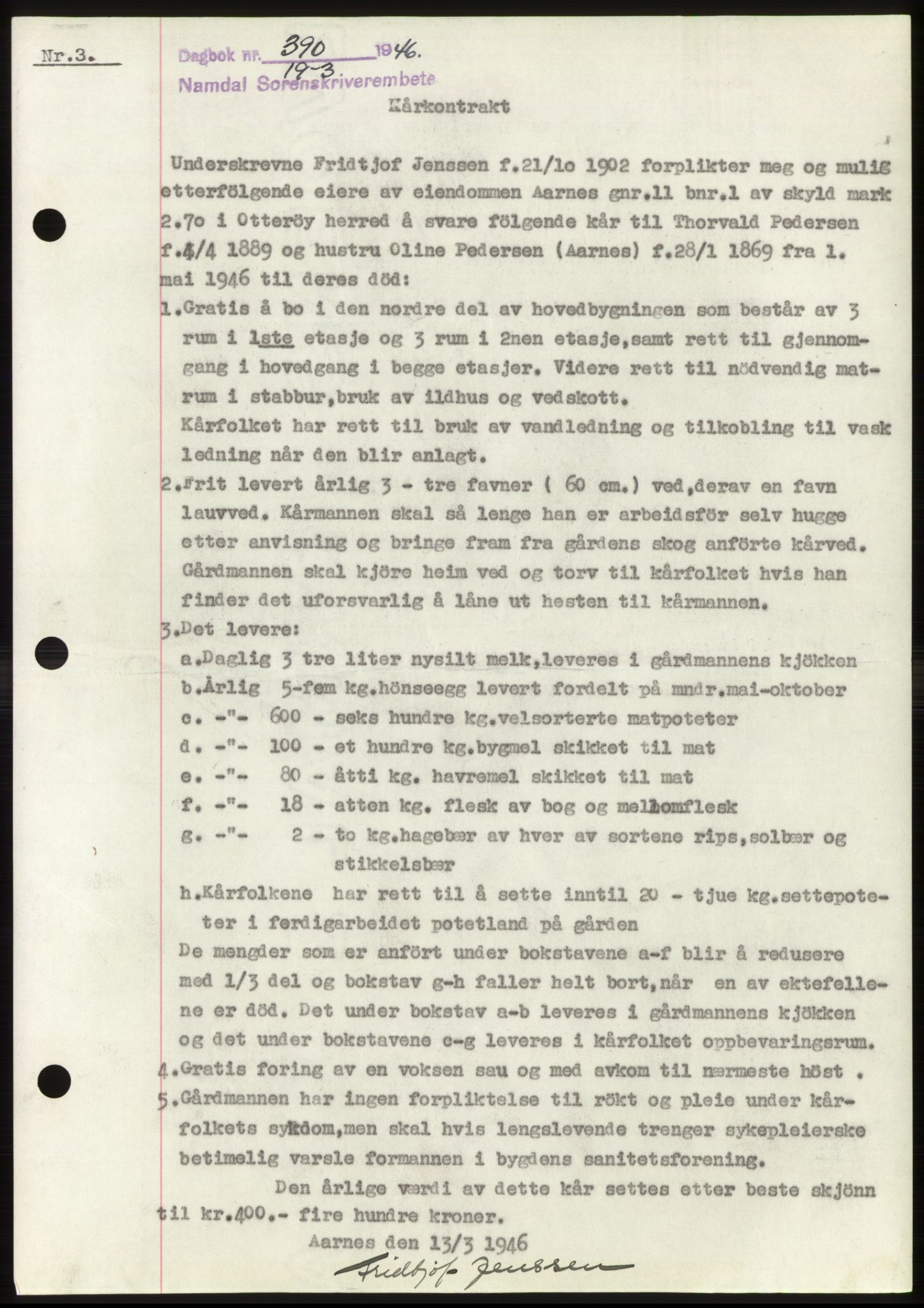 Namdal sorenskriveri, SAT/A-4133/1/2/2C: Pantebok nr. -, 1946-1946, Dagboknr: 390/1946
