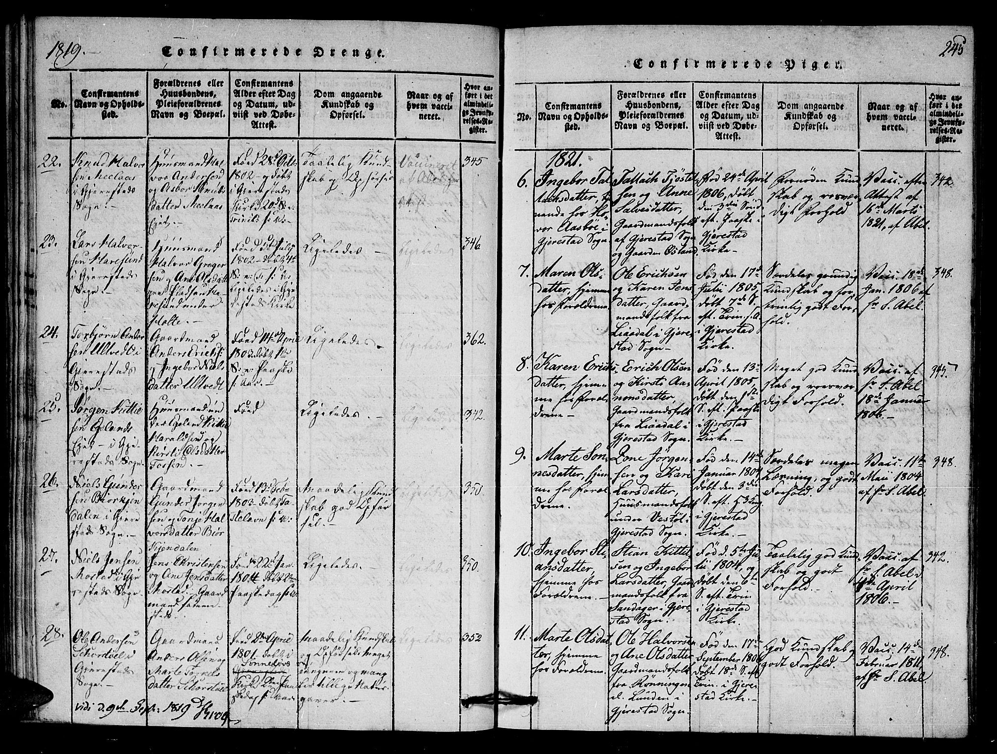 Gjerstad sokneprestkontor, AV/SAK-1111-0014/F/Fa/Faa/L0004: Ministerialbok nr. A 4, 1816-1829, s. 245