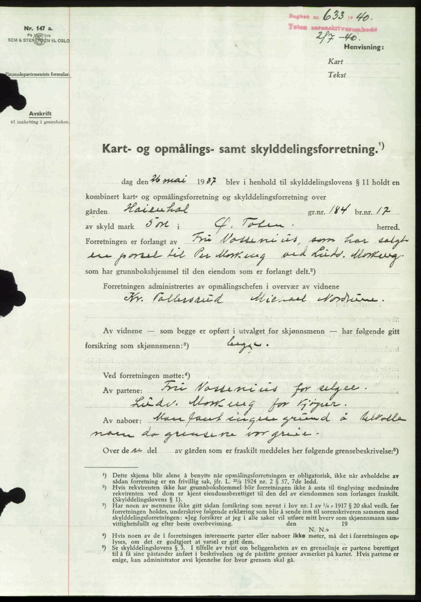 Toten tingrett, SAH/TING-006/H/Hb/Hbc/L0007: Pantebok nr. Hbc-07, 1939-1940, Dagboknr: 633/1940