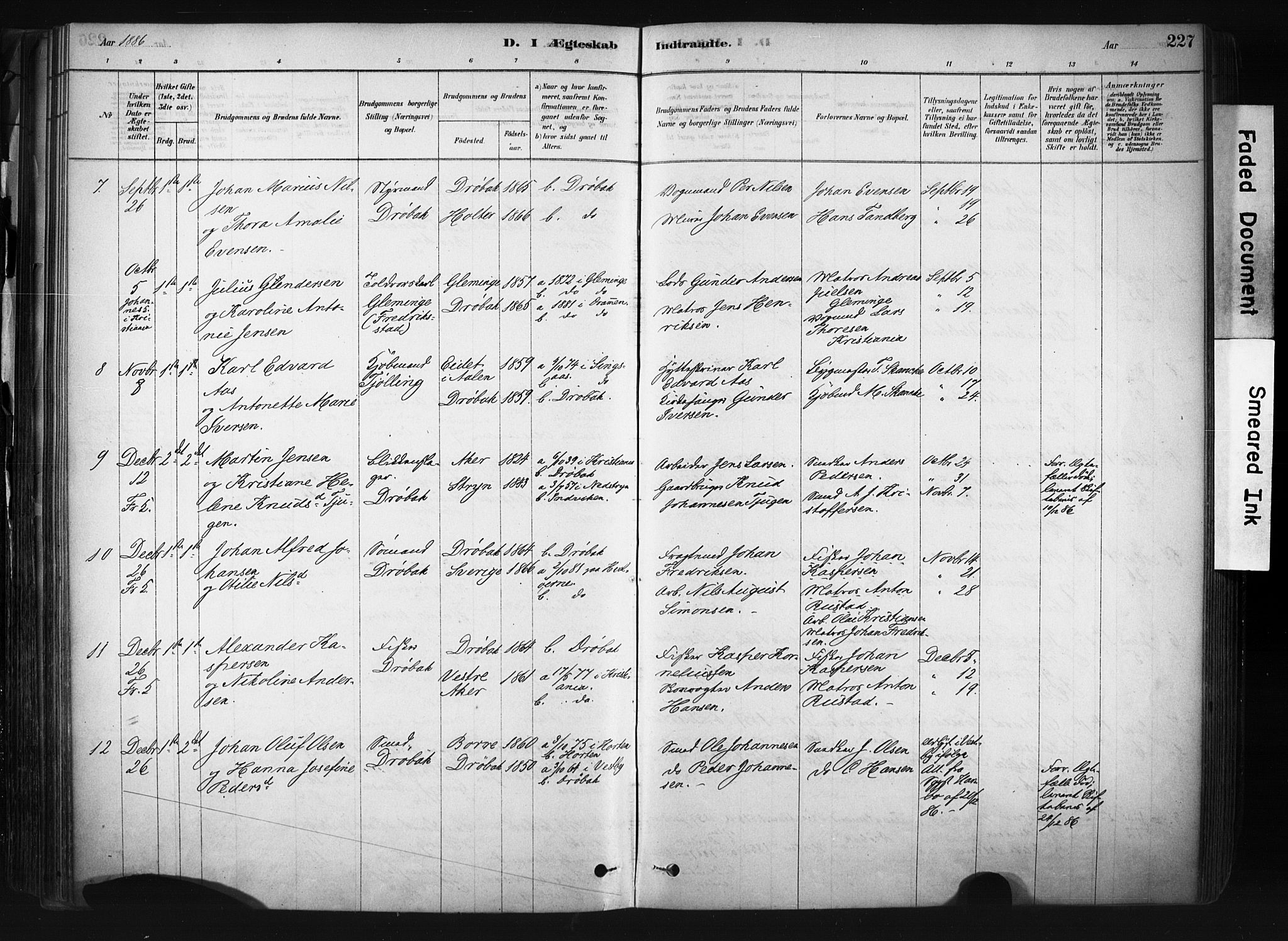 Drøbak prestekontor Kirkebøker, AV/SAO-A-10142a/F/Fb/L0001: Ministerialbok nr. II 1, 1878-1891, s. 227