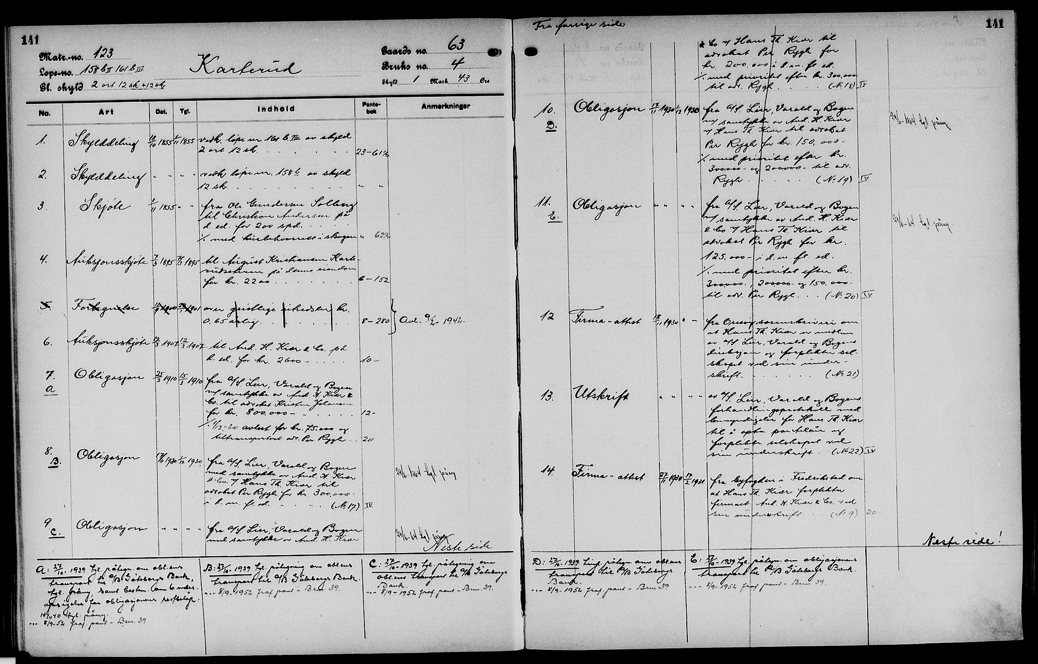 Vinger og Odal sorenskriveri, SAH/TING-022/H/Ha/Hac/Hacc/L0010: Panteregister nr. 3.10, 1923, s. 141