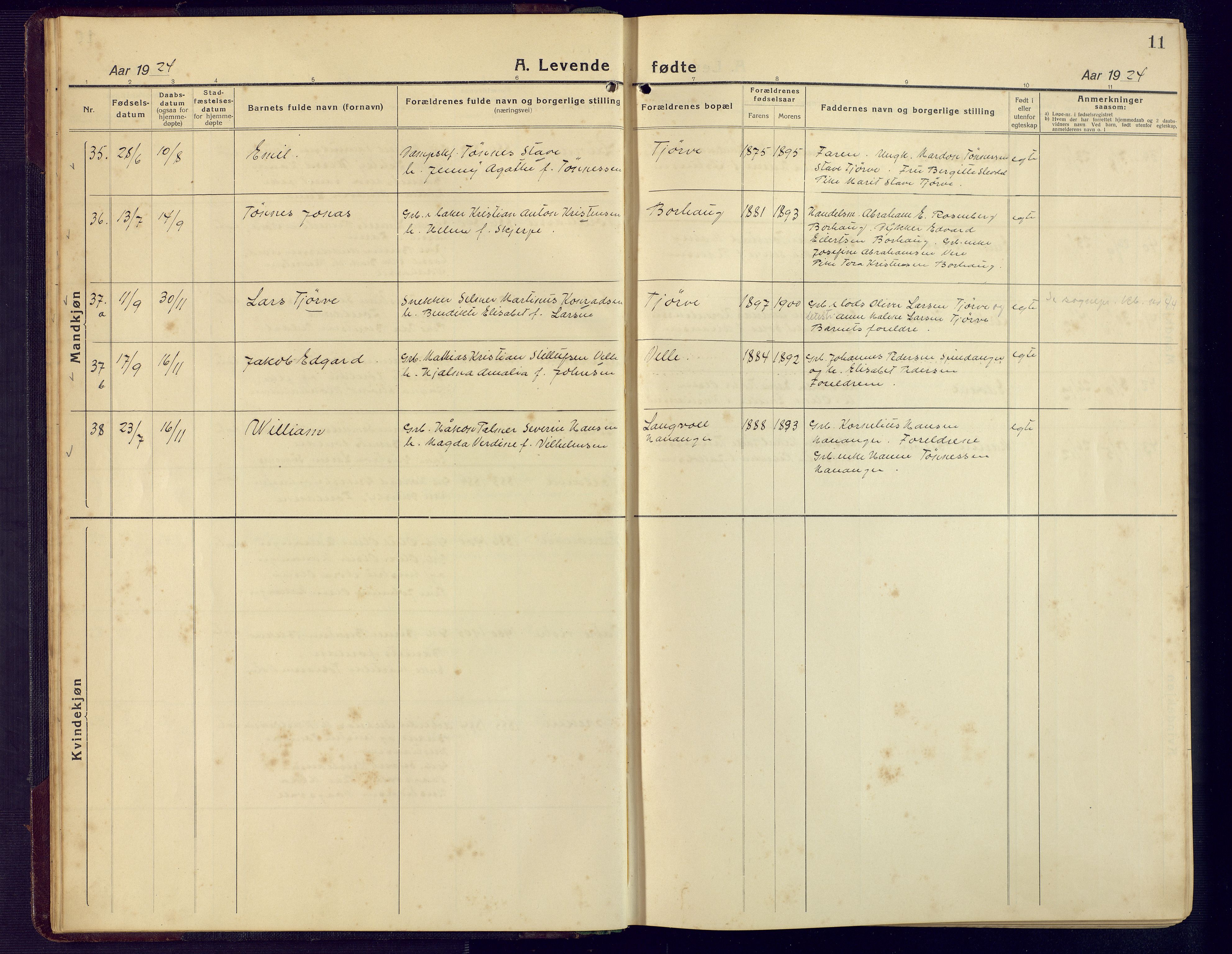 Lista sokneprestkontor, SAK/1111-0027/F/Fb/L0006: Klokkerbok nr. B 6, 1924-1947, s. 11