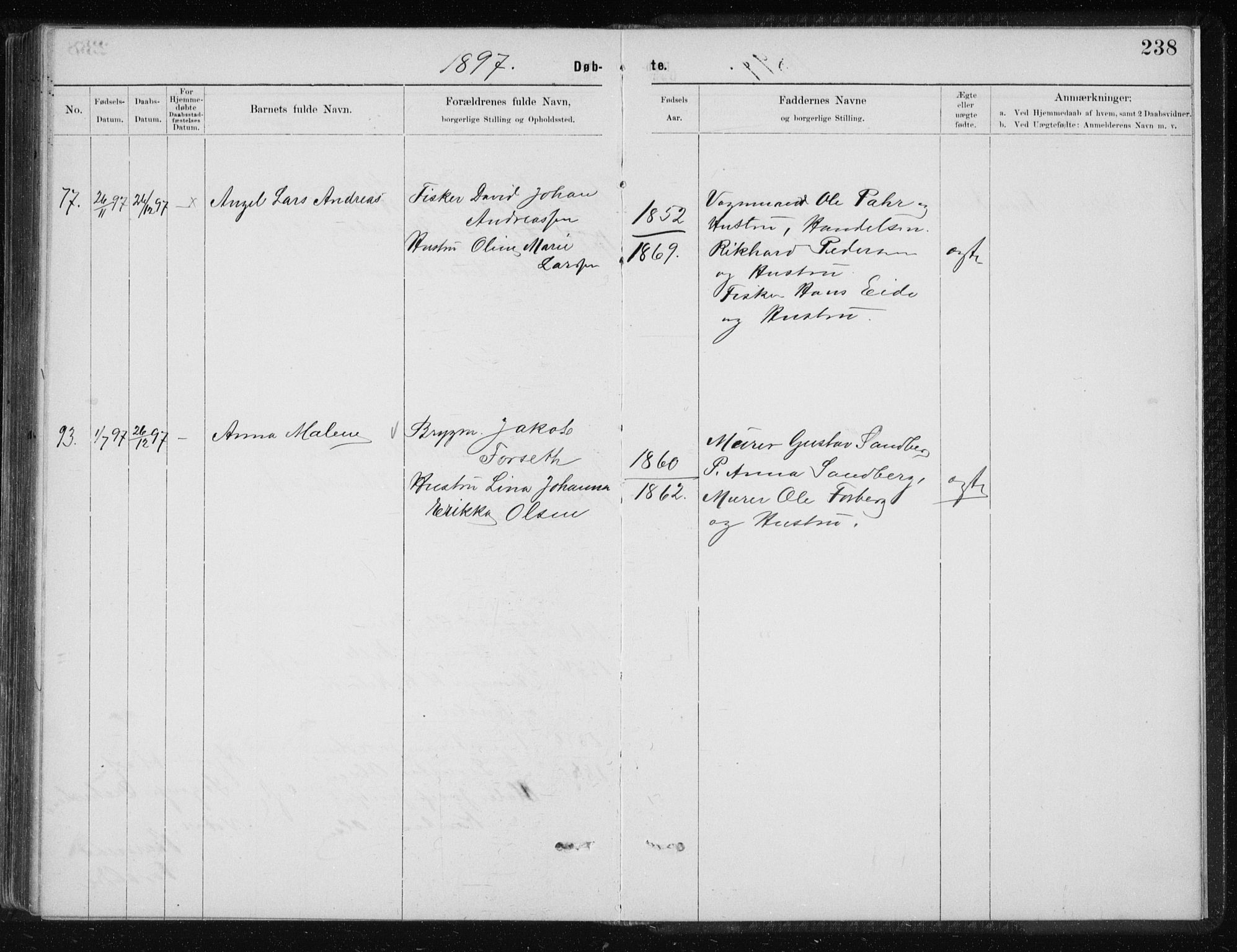 Ministerialprotokoller, klokkerbøker og fødselsregistre - Nordland, AV/SAT-A-1459/801/L0032: Klokkerbok nr. 801C07, 1889-1897, s. 238