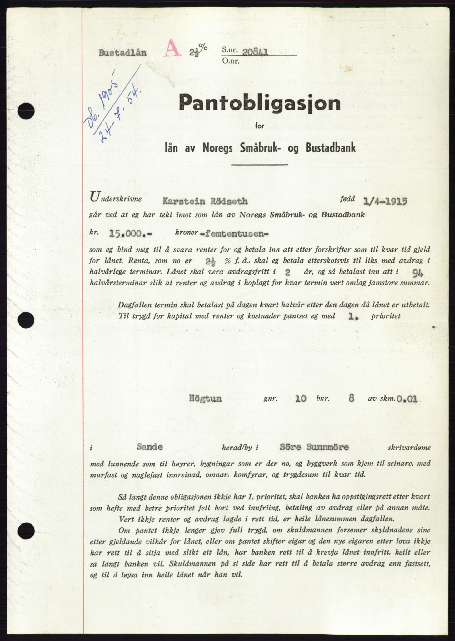 Søre Sunnmøre sorenskriveri, SAT/A-4122/1/2/2C/L0125: Pantebok nr. 13B, 1954-1954, Dagboknr: 1905/1954