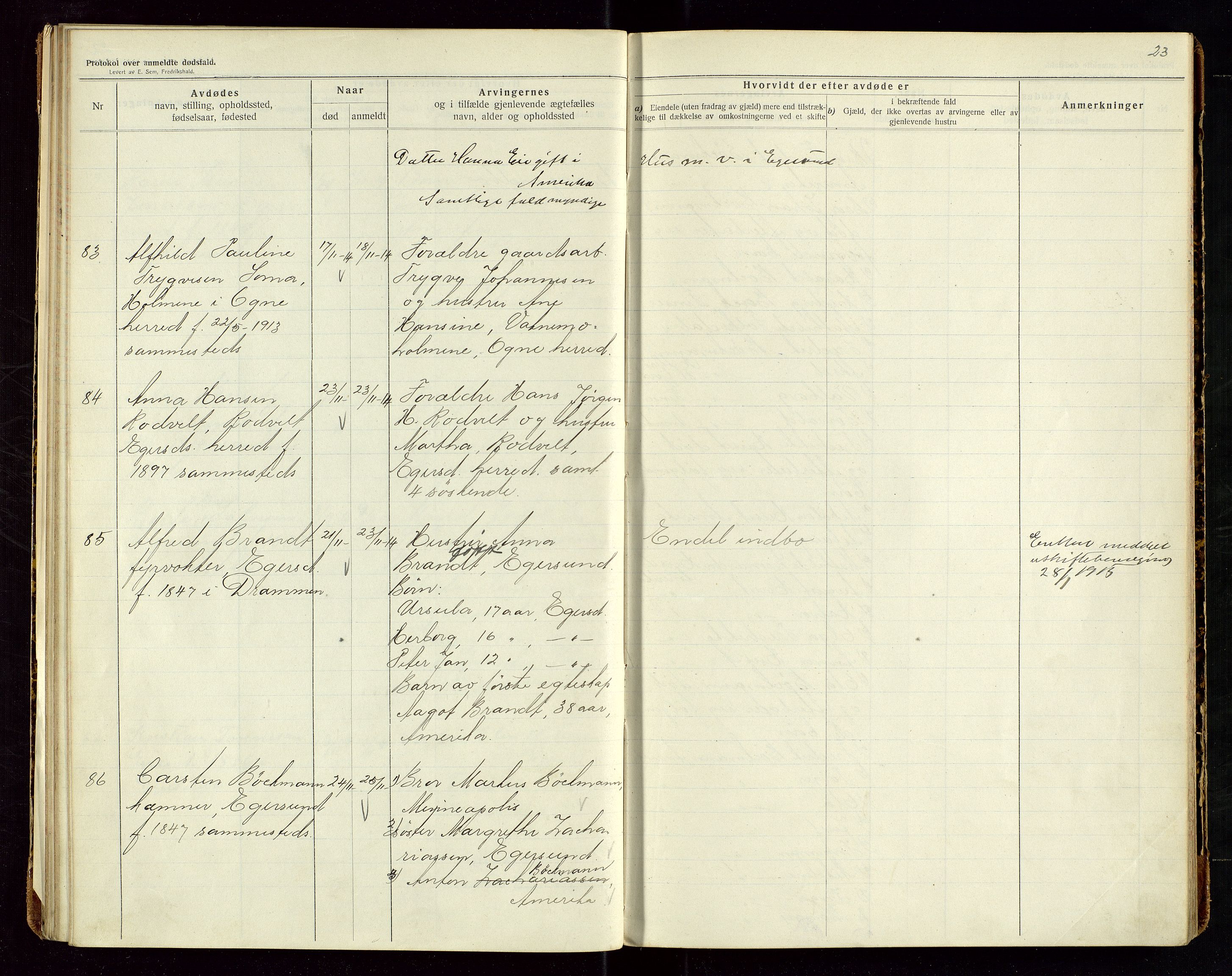 Eigersund lensmannskontor, AV/SAST-A-100171/Gga/L0006: "Protokol over anmeldte dødsfald" m/alfabetisk navneregister, 1914-1917, s. 23
