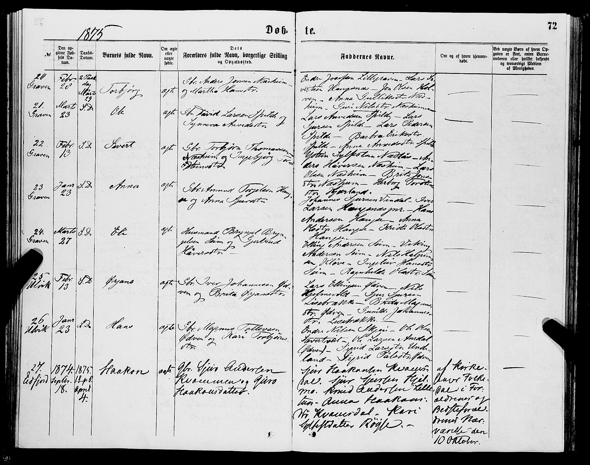 Ulvik sokneprestembete, AV/SAB-A-78801/H/Haa: Ministerialbok nr. A 16, 1870-1878, s. 72