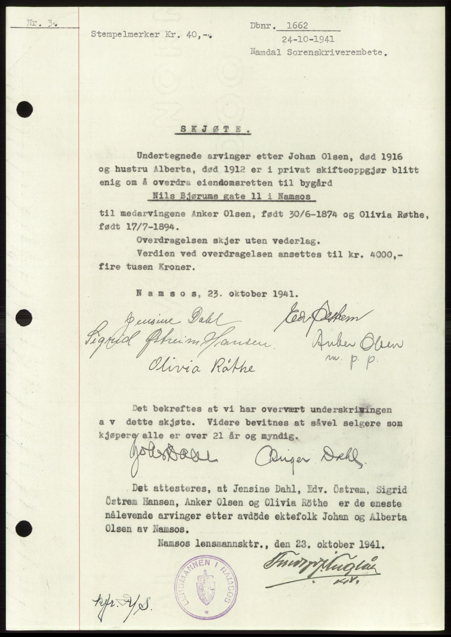 Namdal sorenskriveri, SAT/A-4133/1/2/2C: Pantebok nr. -, 1941-1942, Dagboknr: 1662/1941