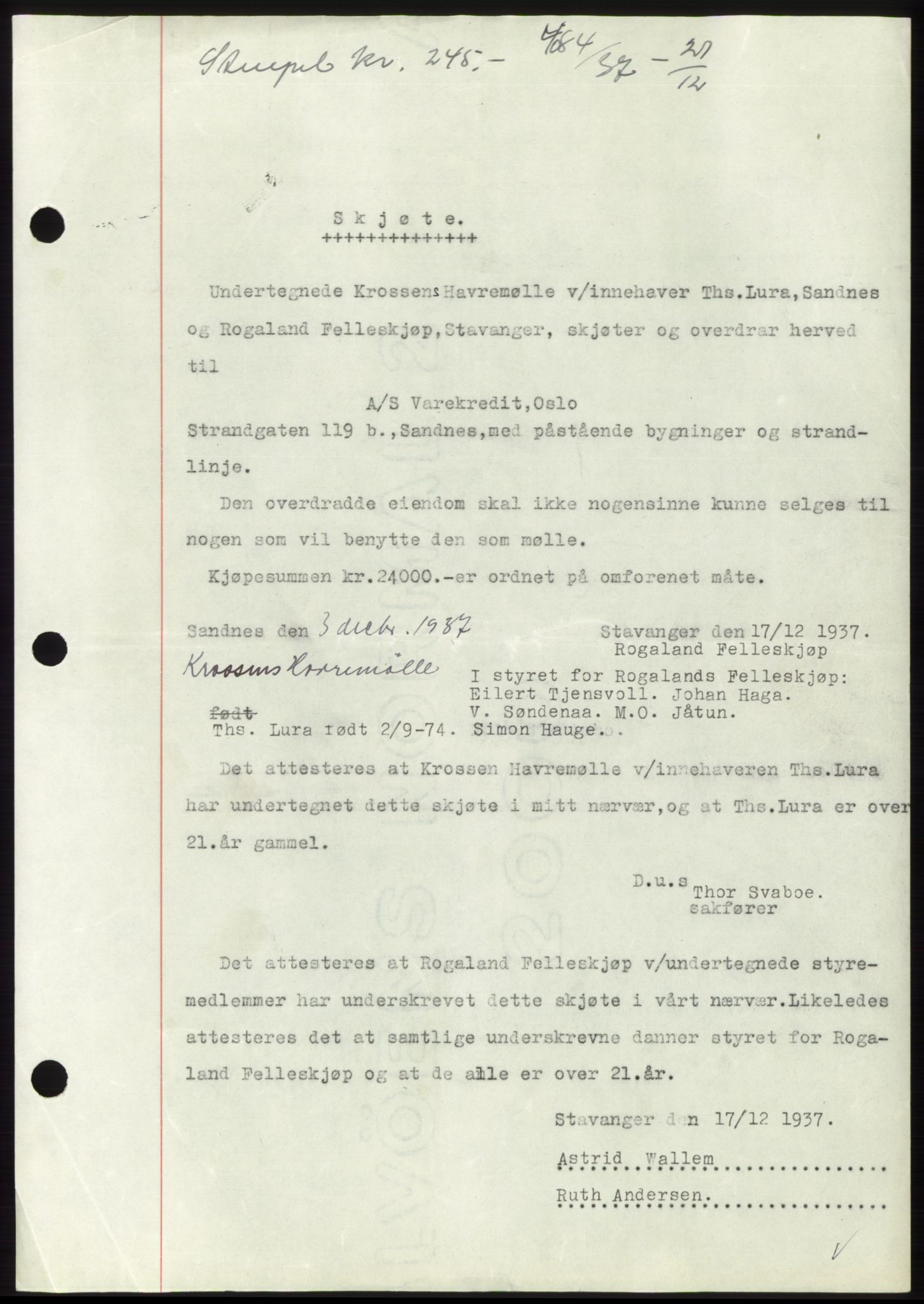 Jæren sorenskriveri, SAST/A-100310/03/G/Gba/L0069: Pantebok, 1937-1937, Dagboknr: 4084/1937