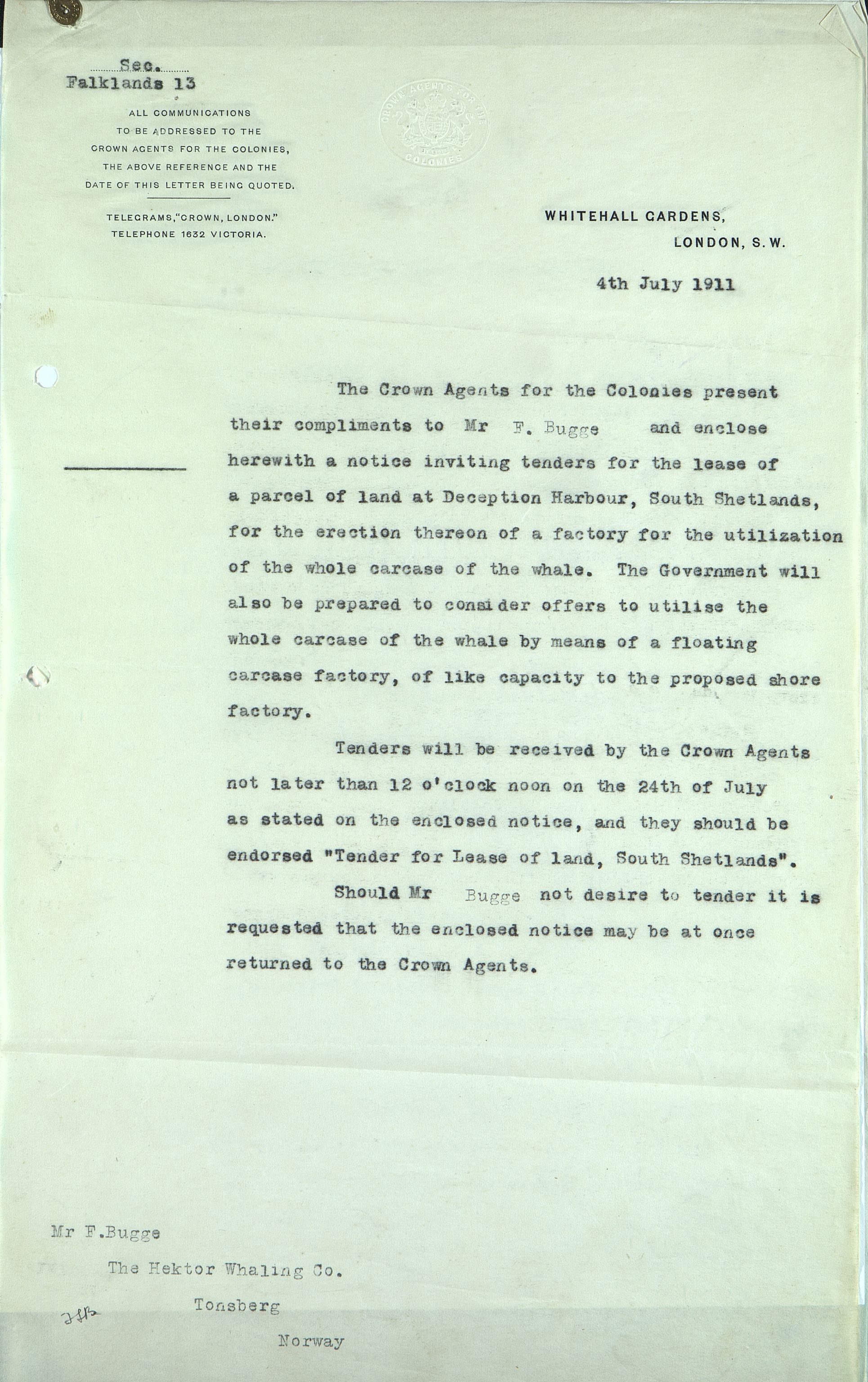 Pa 258 - N. Bugge AS, VEMU/A-1326/E/Ea/L0001/0001: Lisensavtaler og korrespondanse med Britiske myndigheter / The Crown Agents for the Colonies, 1911-1920