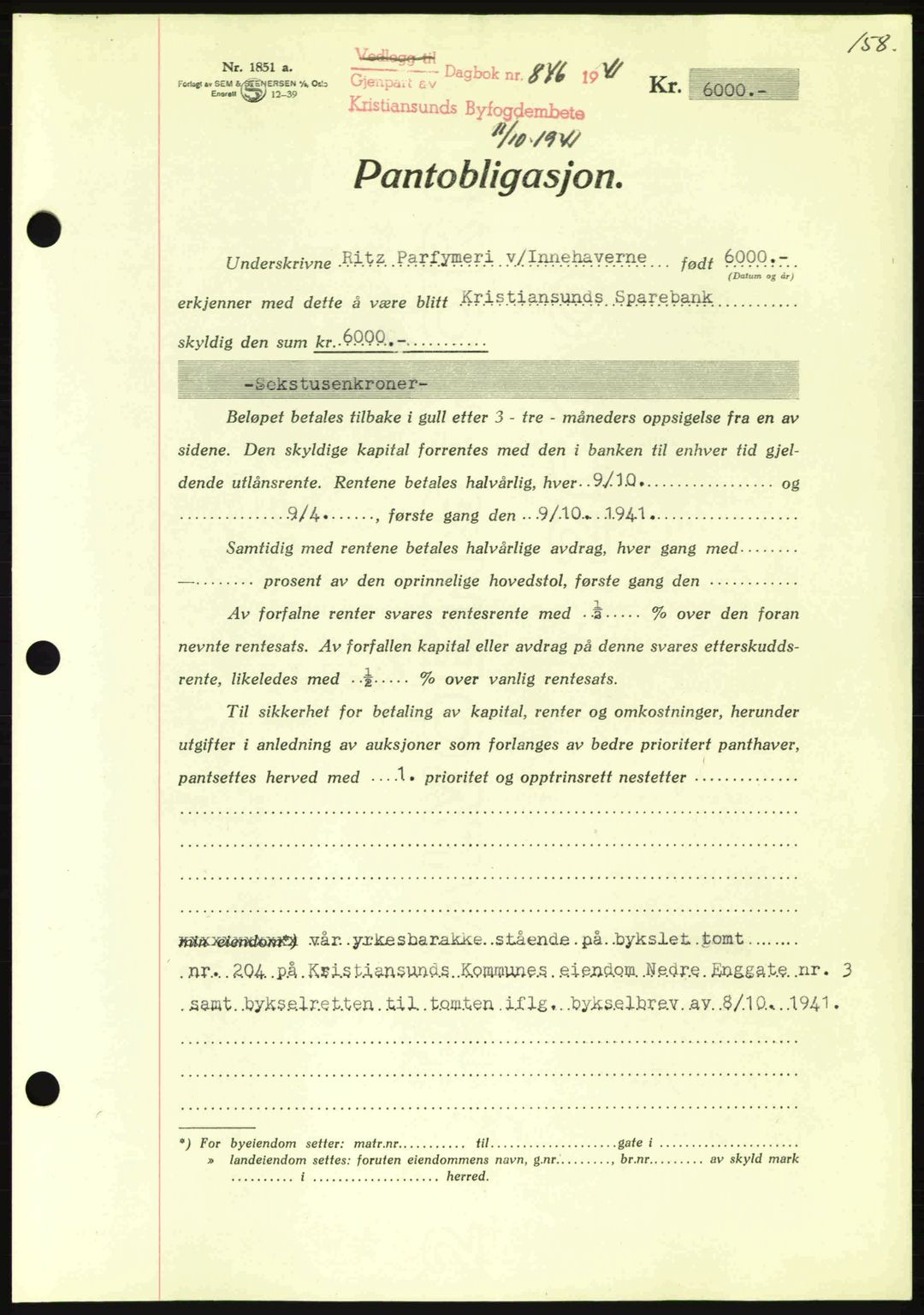 Kristiansund byfogd, AV/SAT-A-4587/A/27: Pantebok nr. 35, 1941-1942, Dagboknr: 846/1941