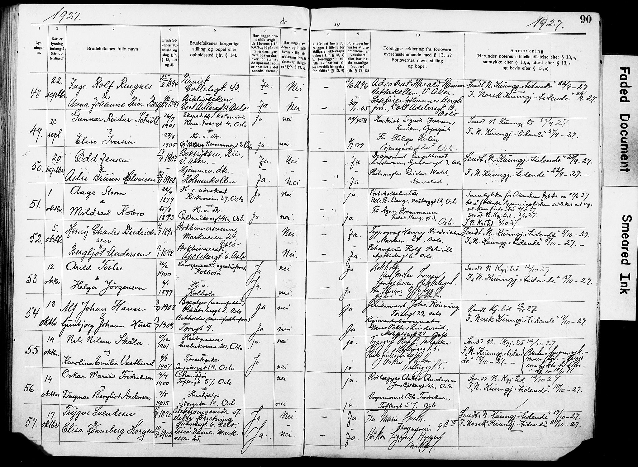 Oslo domkirke Kirkebøker, AV/SAO-A-10752/H/Ha/L0006: Lysningsprotokoll nr. 6, 1919-1928, s. 90
