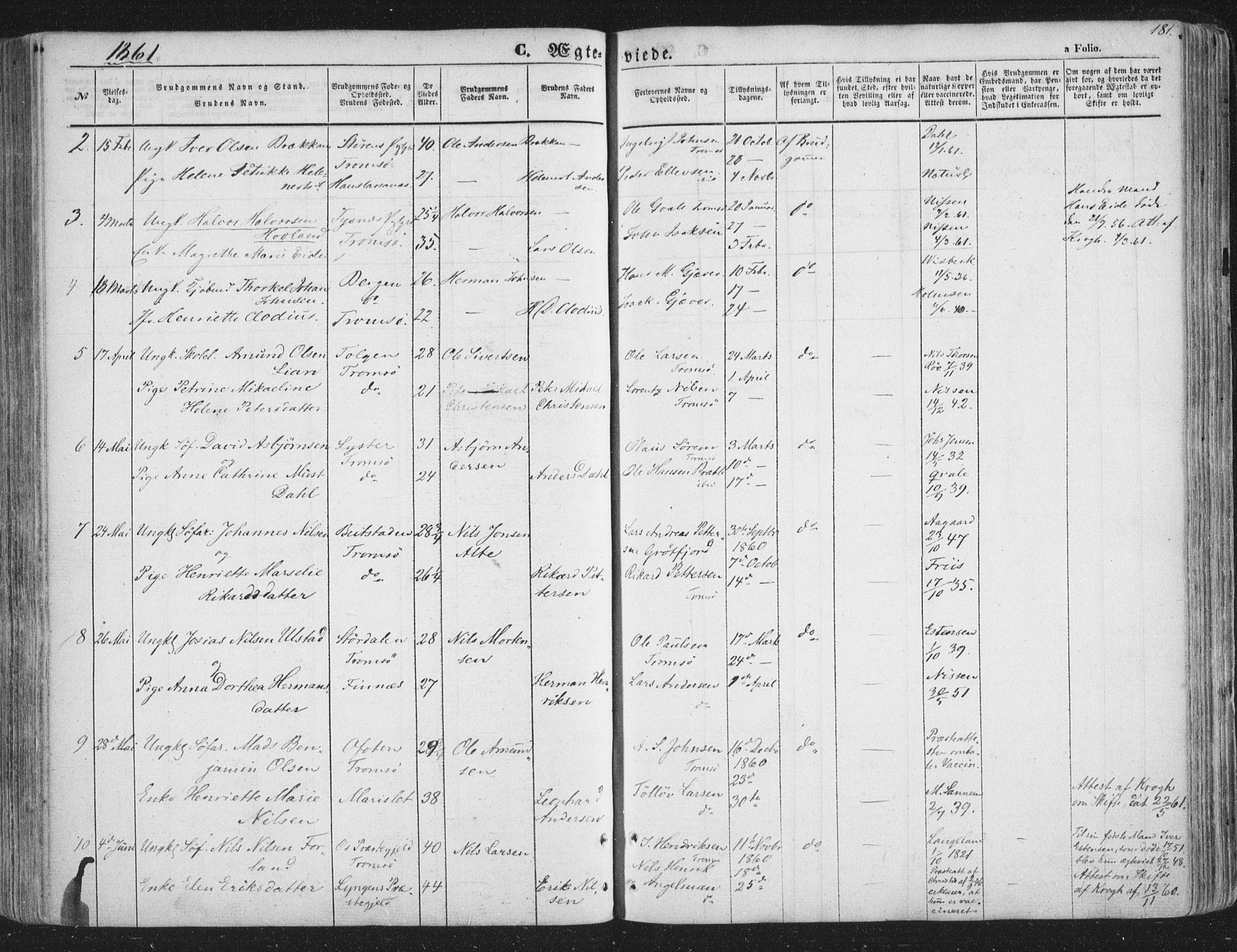 Tromsø sokneprestkontor/stiftsprosti/domprosti, AV/SATØ-S-1343/G/Ga/L0011kirke: Ministerialbok nr. 11, 1856-1865, s. 181