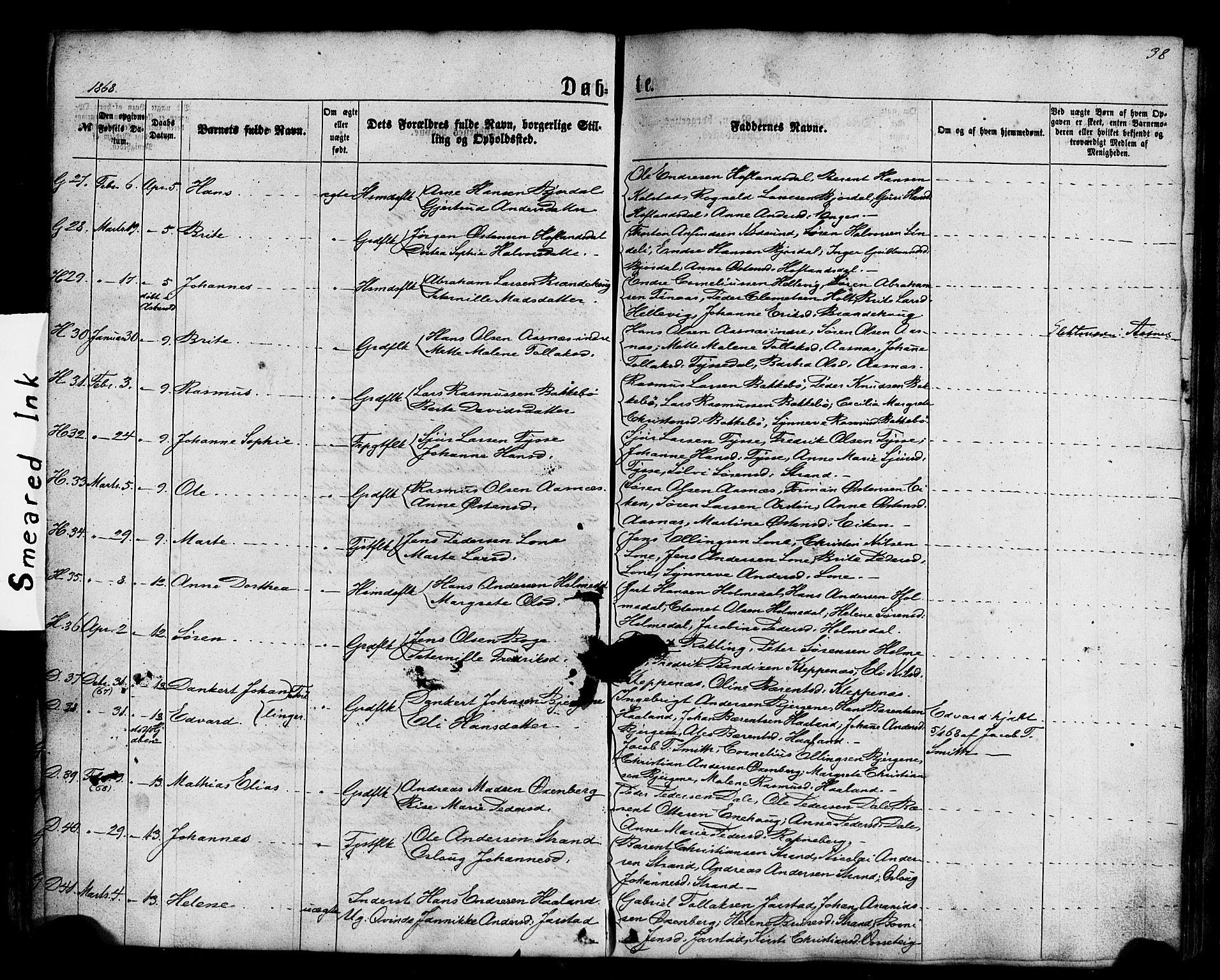 Fjaler sokneprestembete, AV/SAB-A-79801/H/Haa/Haaa/L0007: Ministerialbok nr. A 7, 1862-1881, s. 38