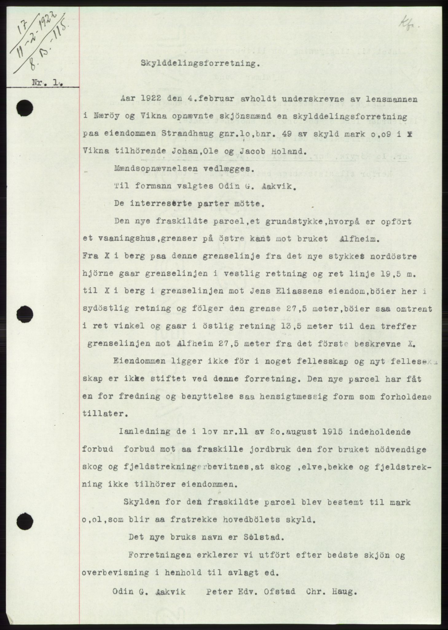 Namdal sorenskriveri, SAT/A-4133/1/2/2C: Pantebok nr. -, 1922-1925, Tingl.dato: 11.02.1922