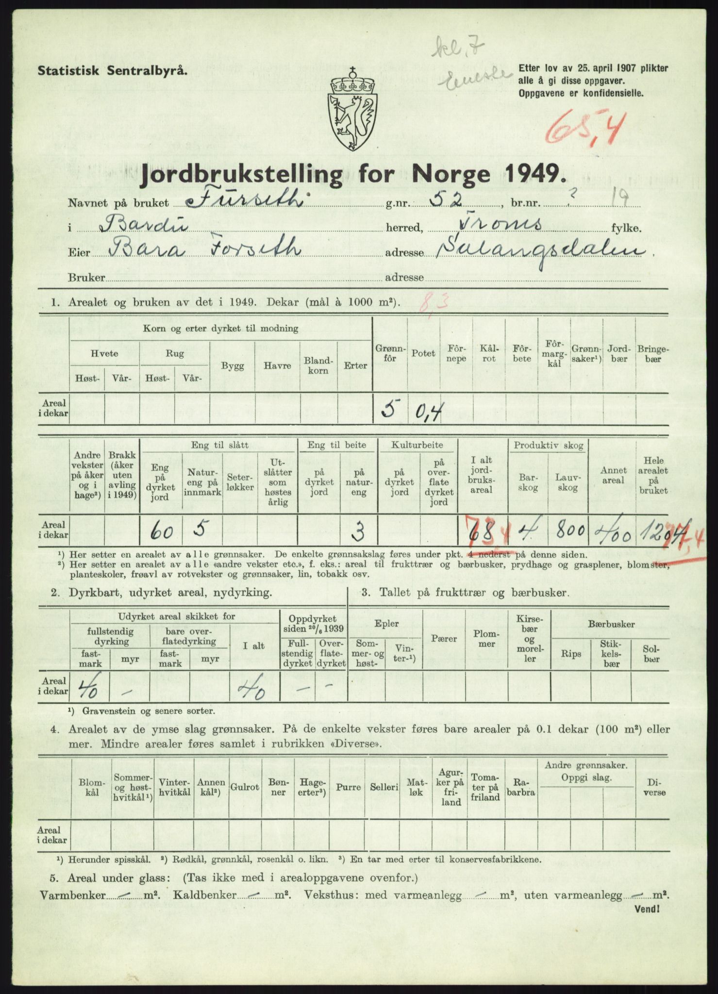 Statistisk sentralbyrå, Næringsøkonomiske emner, Jordbruk, skogbruk, jakt, fiske og fangst, AV/RA-S-2234/G/Gc/L0438: Troms: Salangen og Bardu, 1949, s. 1313