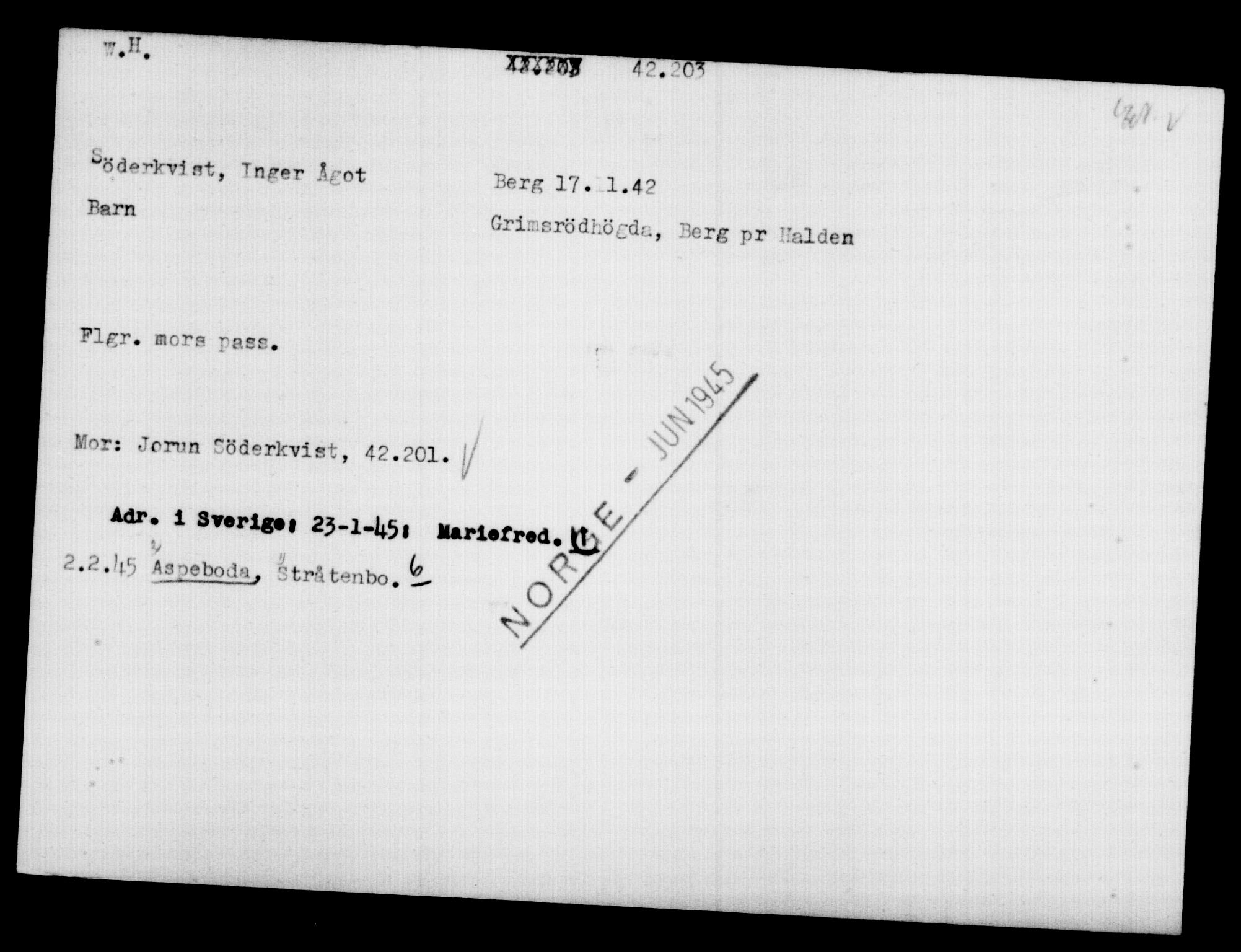 Utenriksstasjonene, Legasjonen i Stockholm, Flyktningkontoret, AV/RA-S-6753/V/Va/L0016: Kjesäterkartoteket, flyktninger med registreringsnr. 40700-43479, 1940-1945, s. 1568