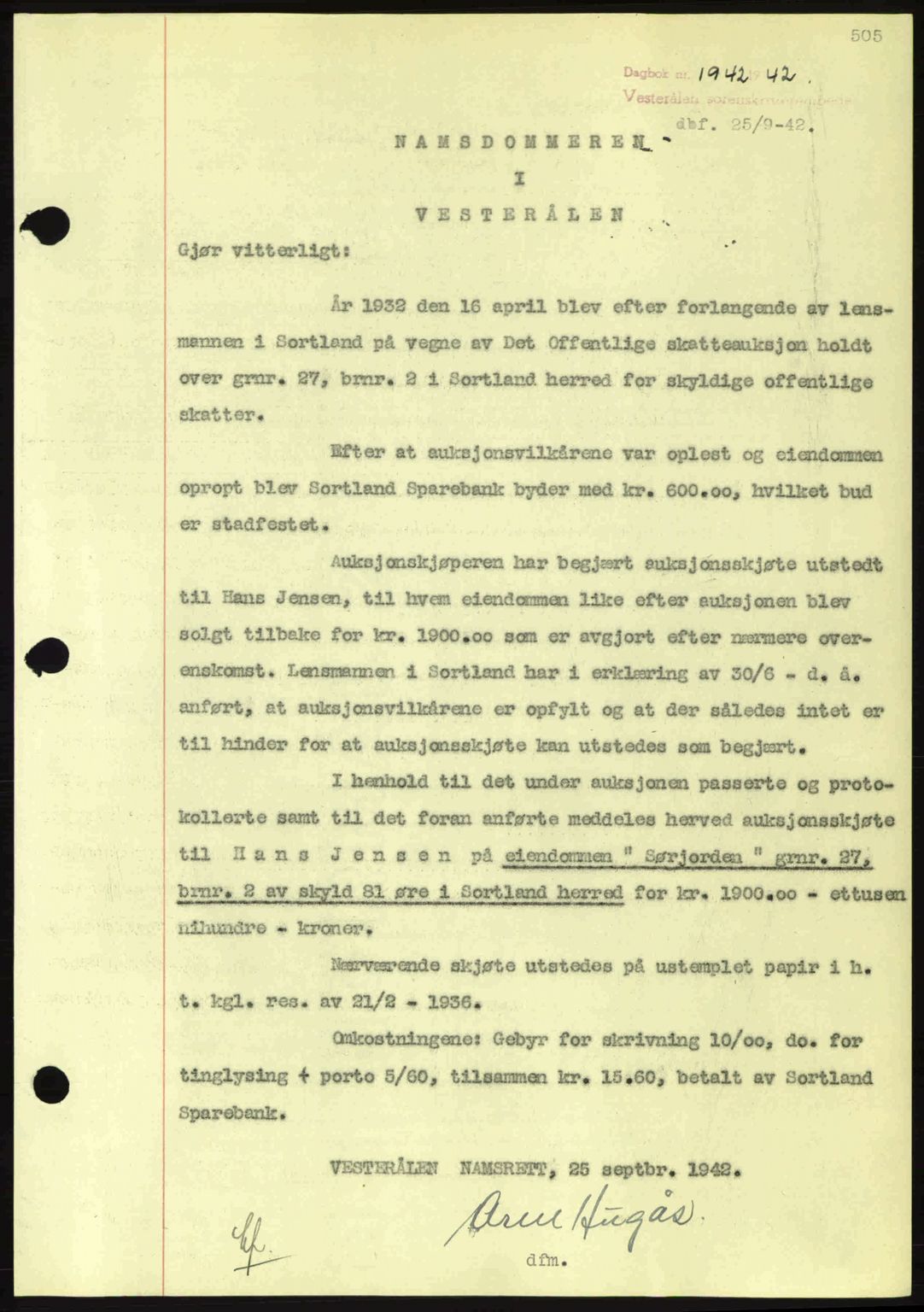 Vesterålen sorenskriveri, AV/SAT-A-4180/1/2/2Ca: Pantebok nr. A13, 1942-1943, Dagboknr: 1942/1942