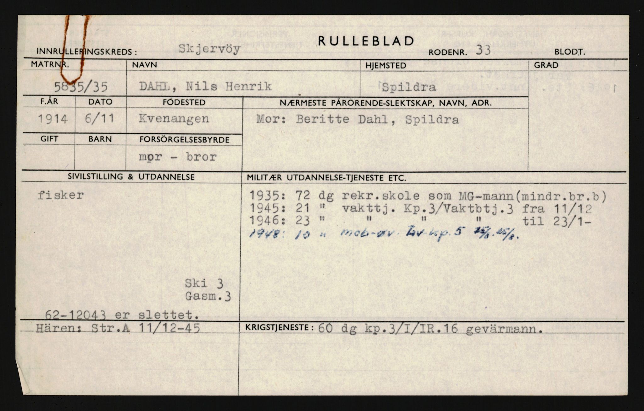 Forsvaret, Troms infanteriregiment nr. 16, AV/RA-RAFA-3146/P/Pa/L0019: Rulleblad for regimentets menige mannskaper, årsklasse 1935, 1935, s. 157
