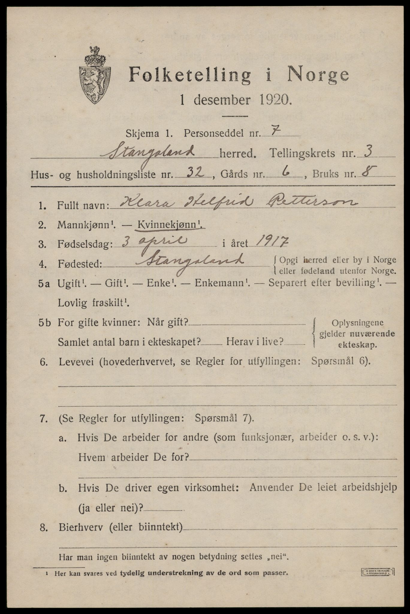 SAST, Folketelling 1920 for 1148 Stangaland herred, 1920, s. 2649