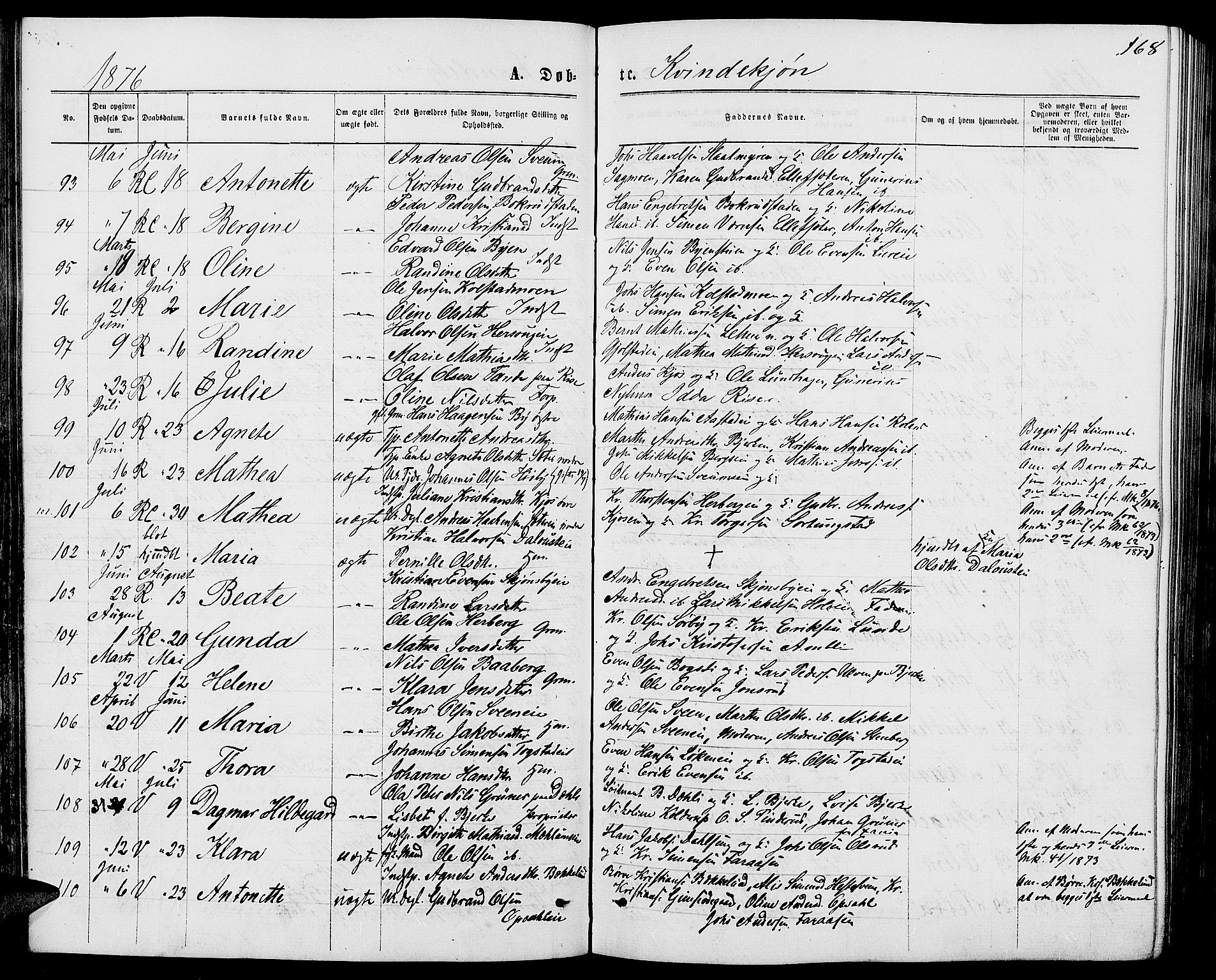 Ringsaker prestekontor, AV/SAH-PREST-014/L/La/L0008: Klokkerbok nr. 8, 1870-1878, s. 168